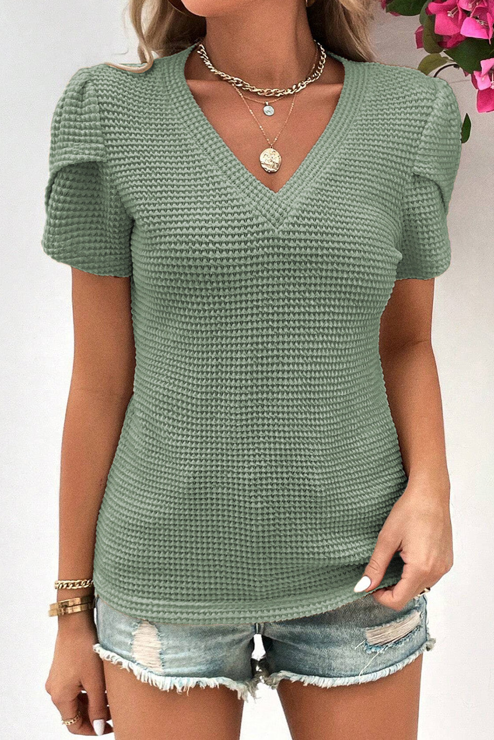White V Neck Petal Sleeve Waffle Knit T-Shirt