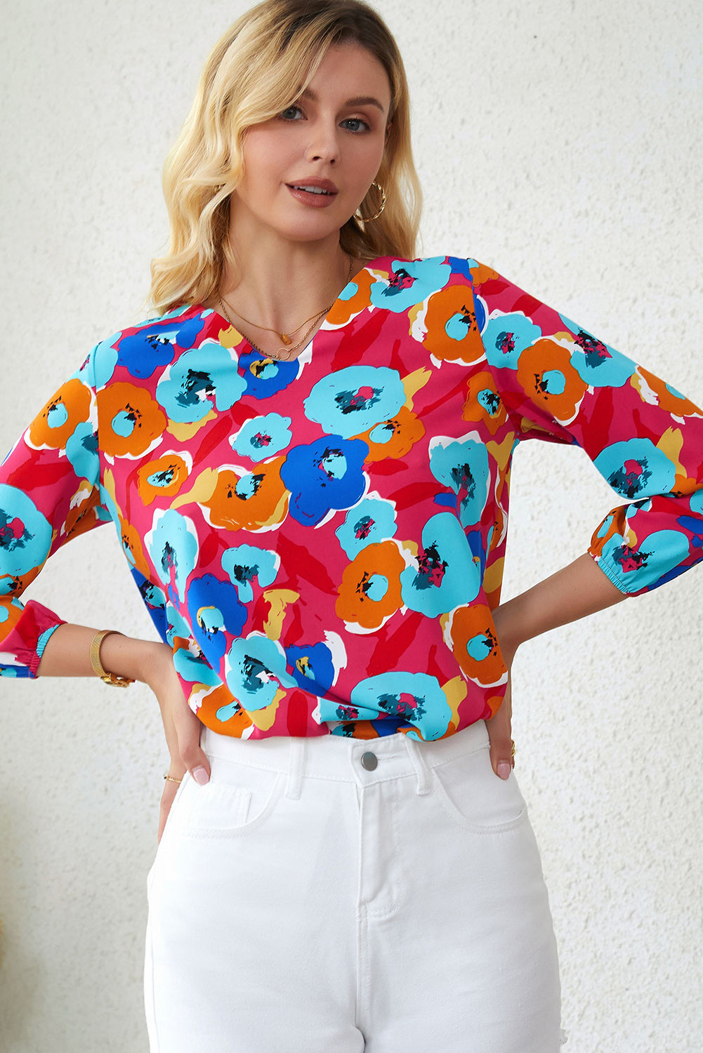 Multicolor Floral Print V Neck 3/4 Sleeve Blouse