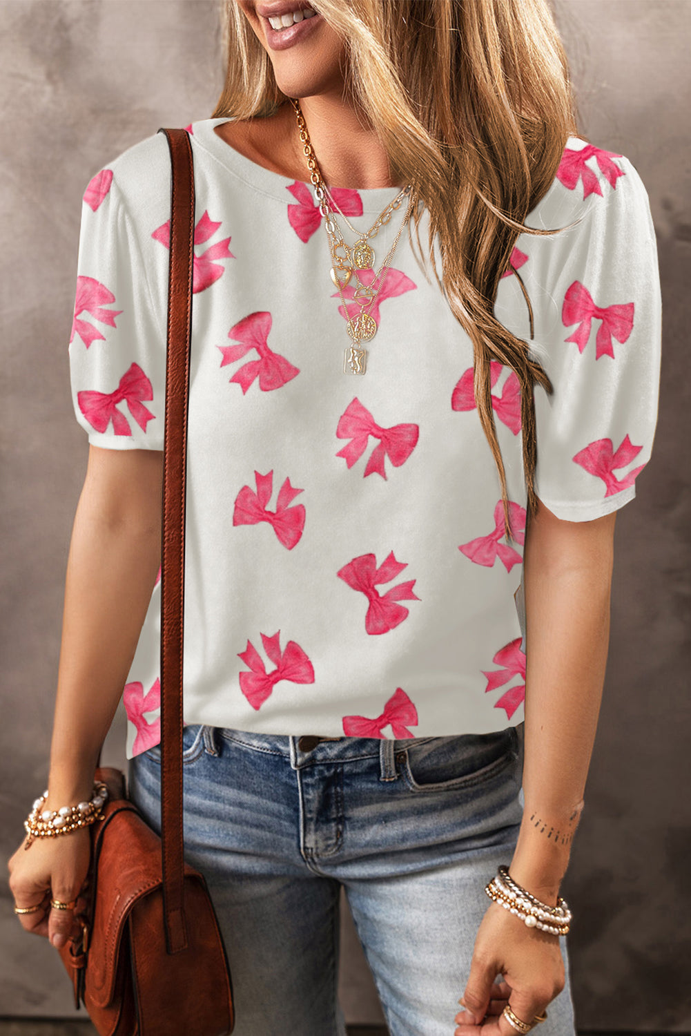 Pink Flower Print Bubble Sleeve Tee