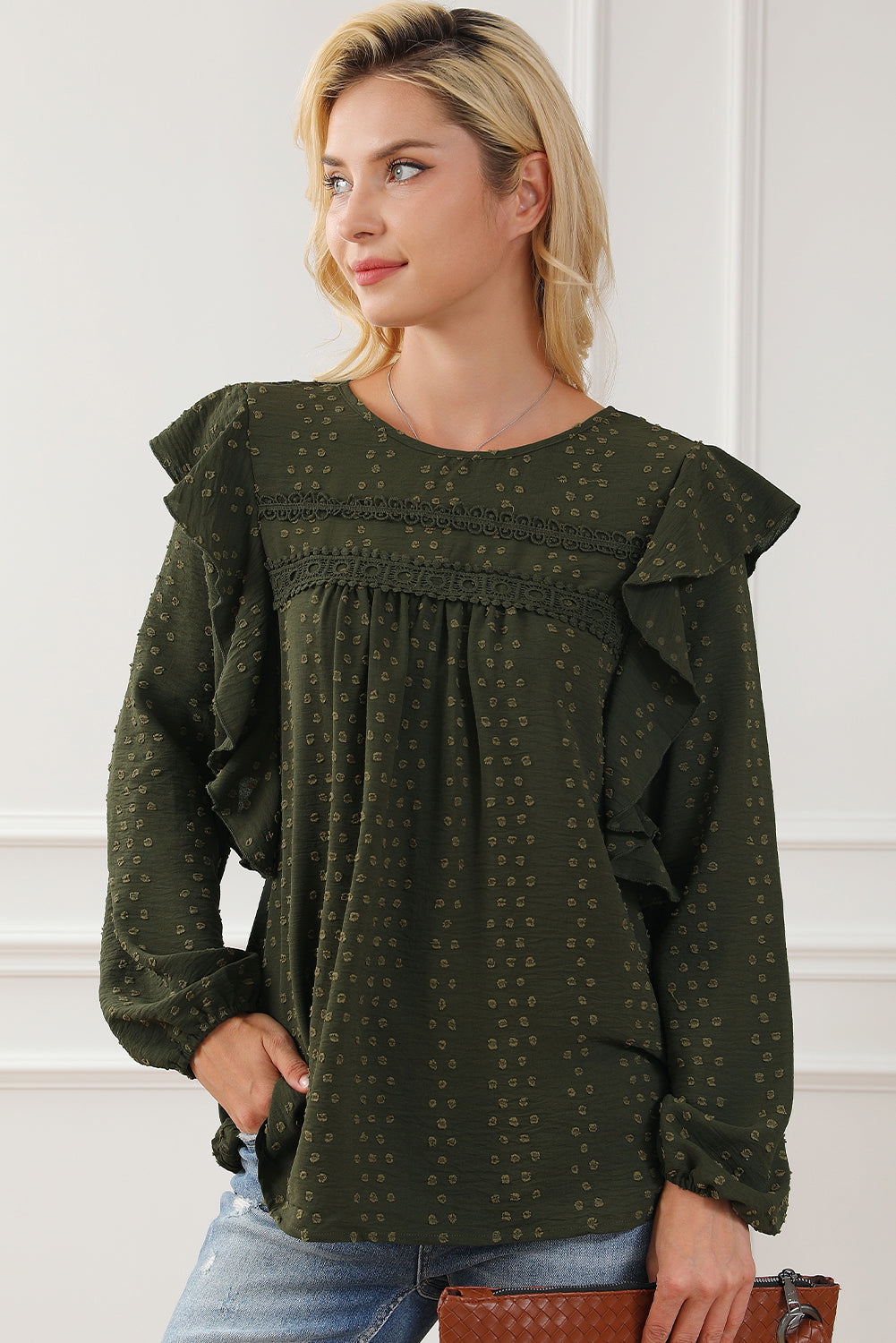 Black Lace Eyelet Ruffle Shoulder Long Sleeve Blouse