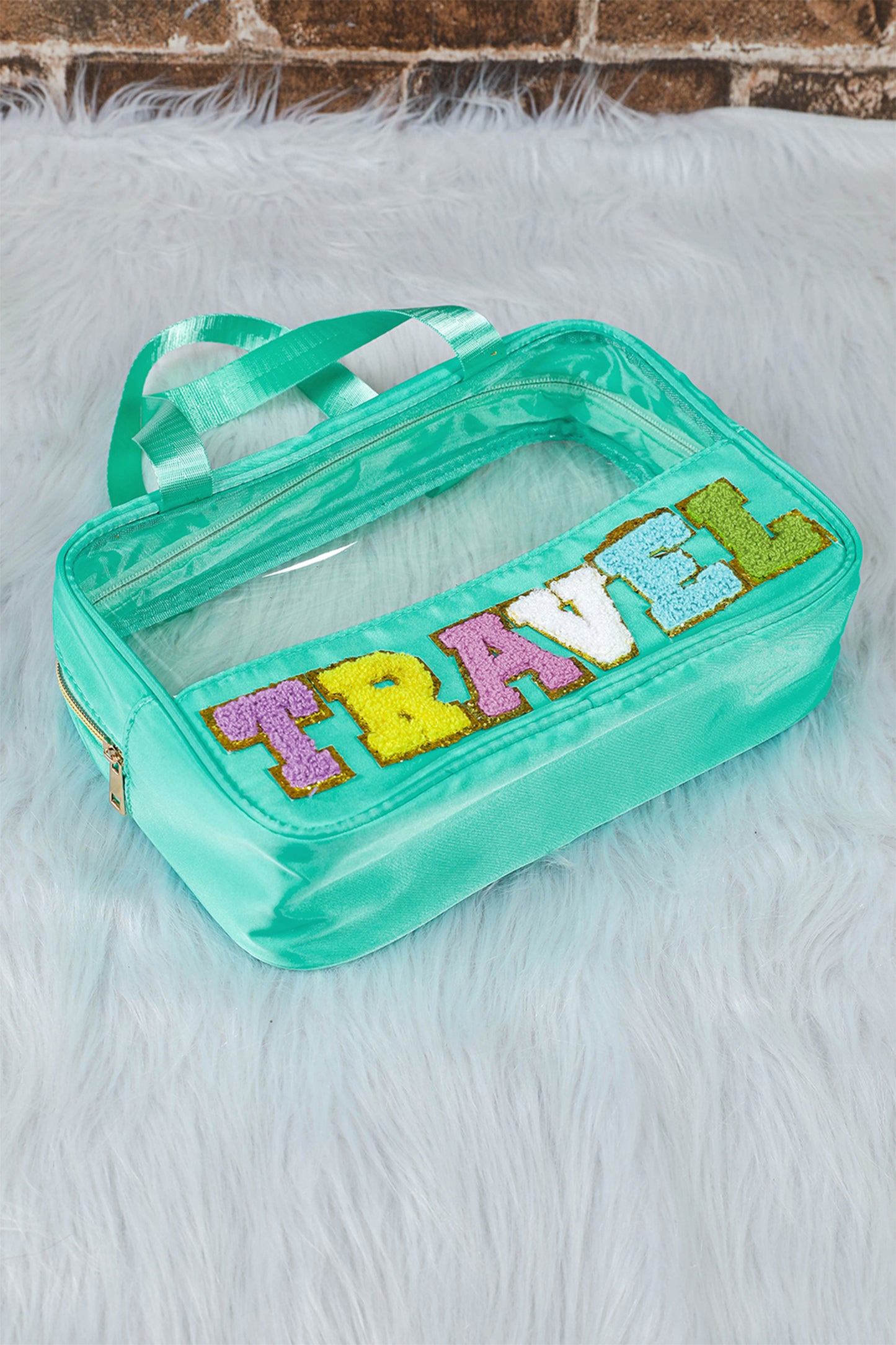 Black TRAVEL Chenille Letter Clear PVC Makeup Bag