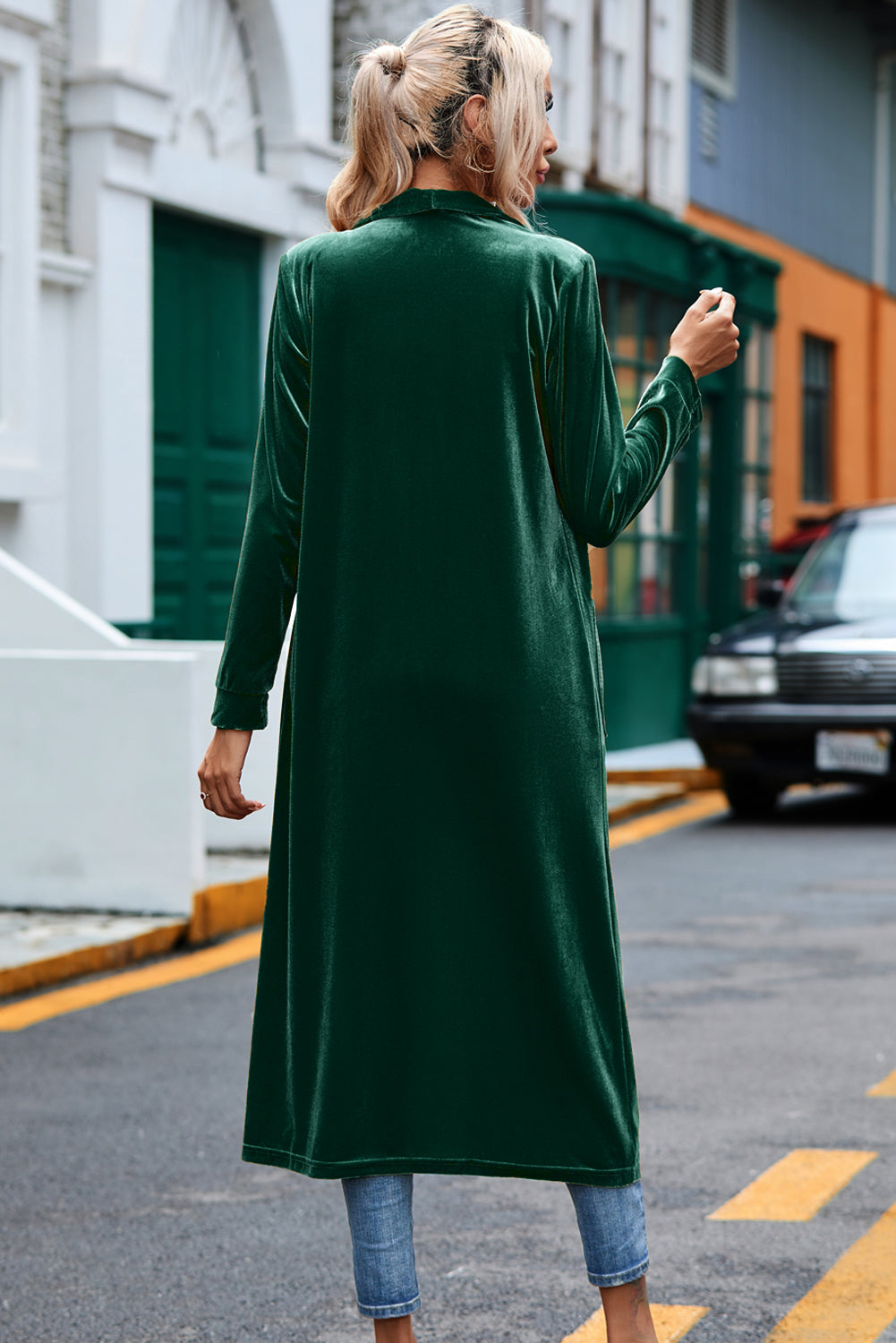 Fiery Red Velvet Open Front Pocketed Long Duster