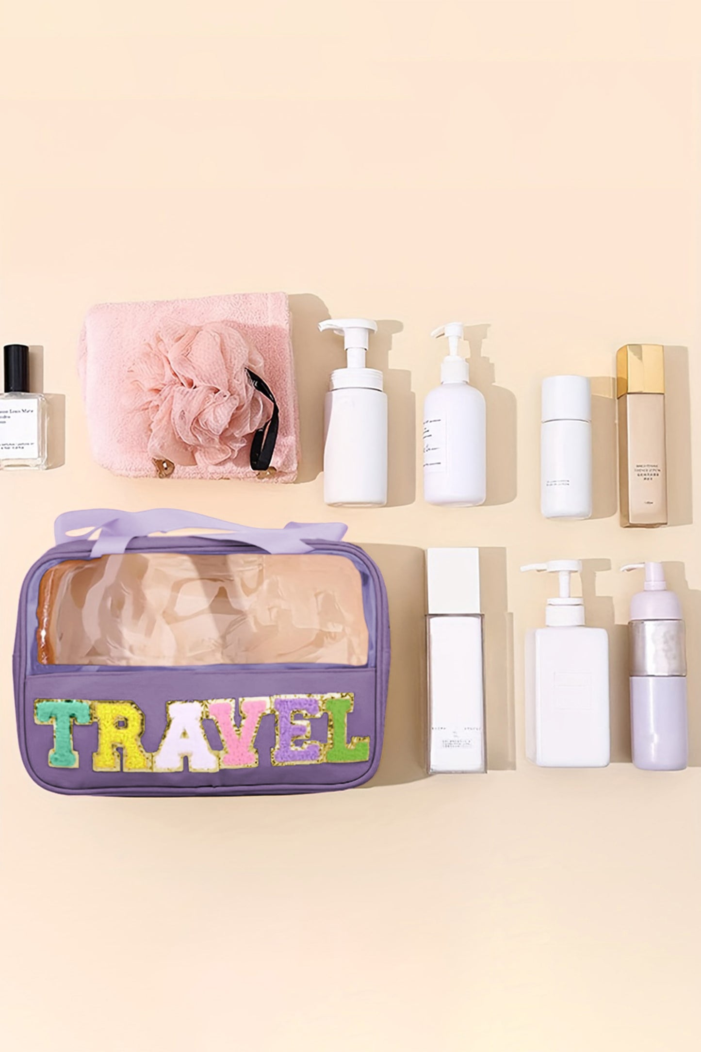 Black TRAVEL Chenille Letter Clear PVC Makeup Bag