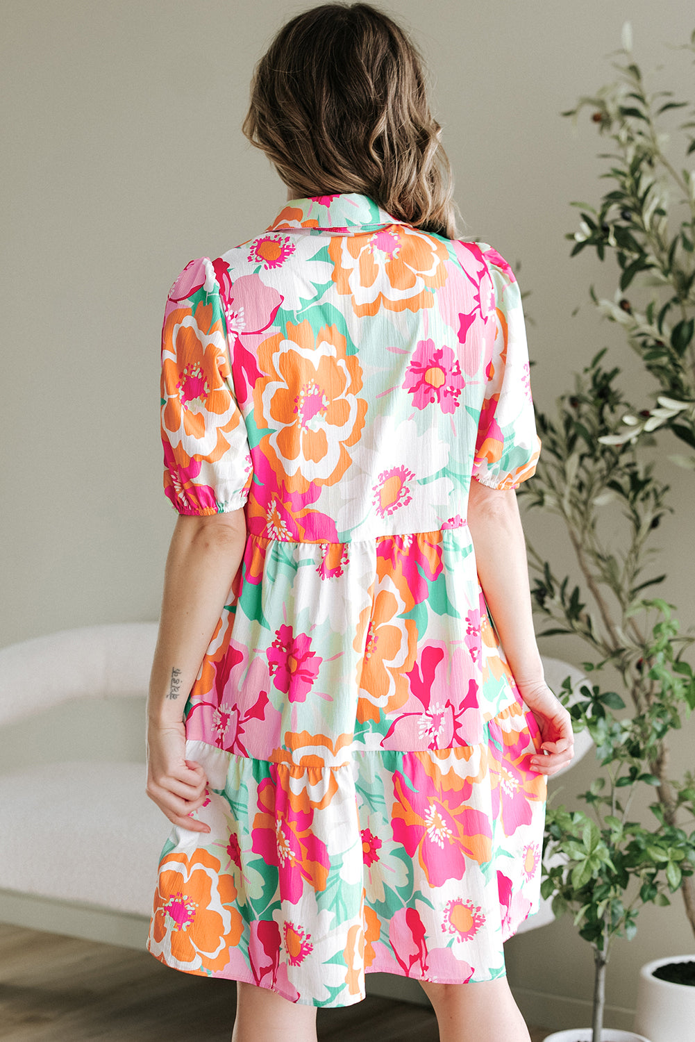 Green Floral Puff Sleeve Collar Buttoned Babydoll Dress