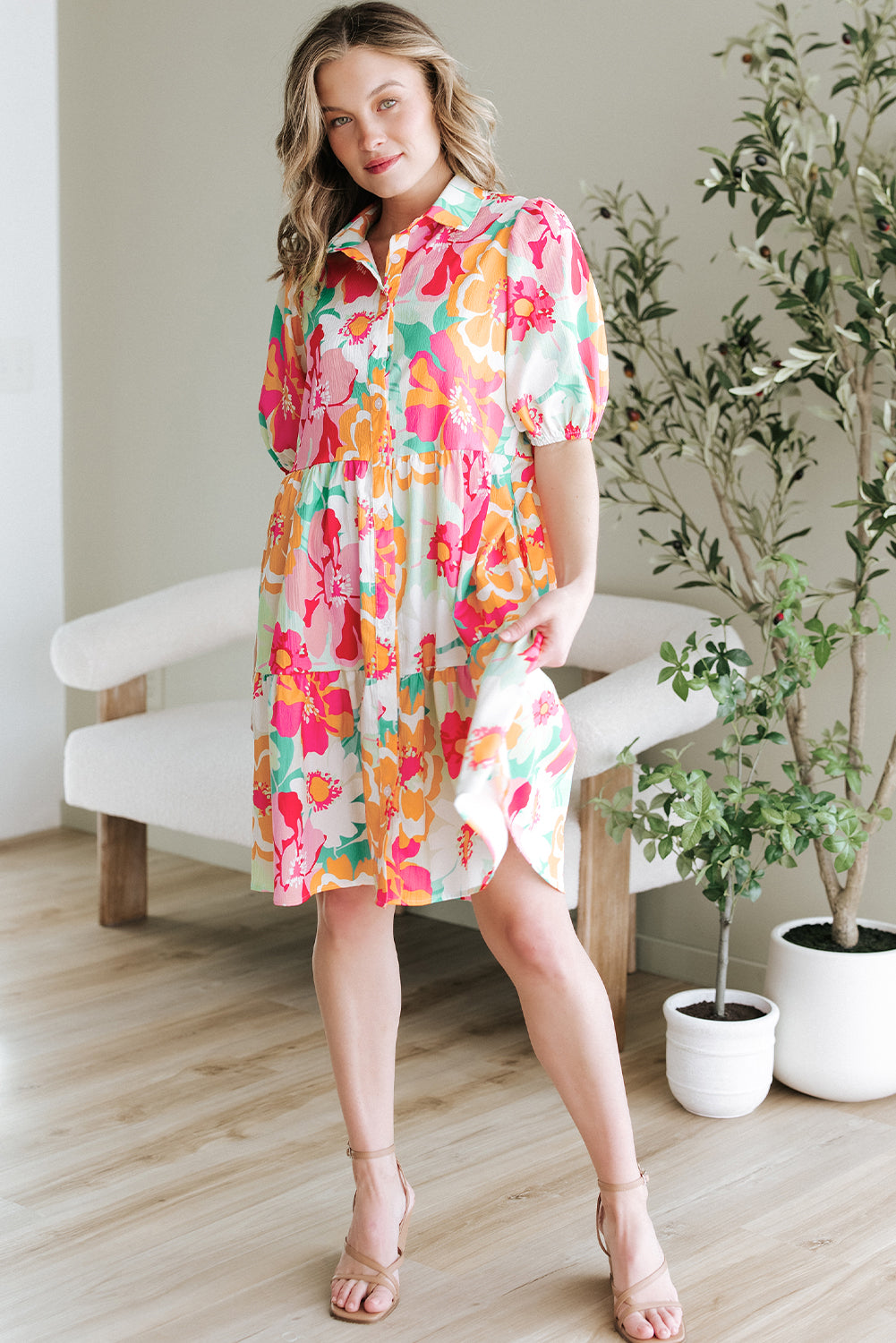 Green Floral Puff Sleeve Collar Buttoned Babydoll Dress