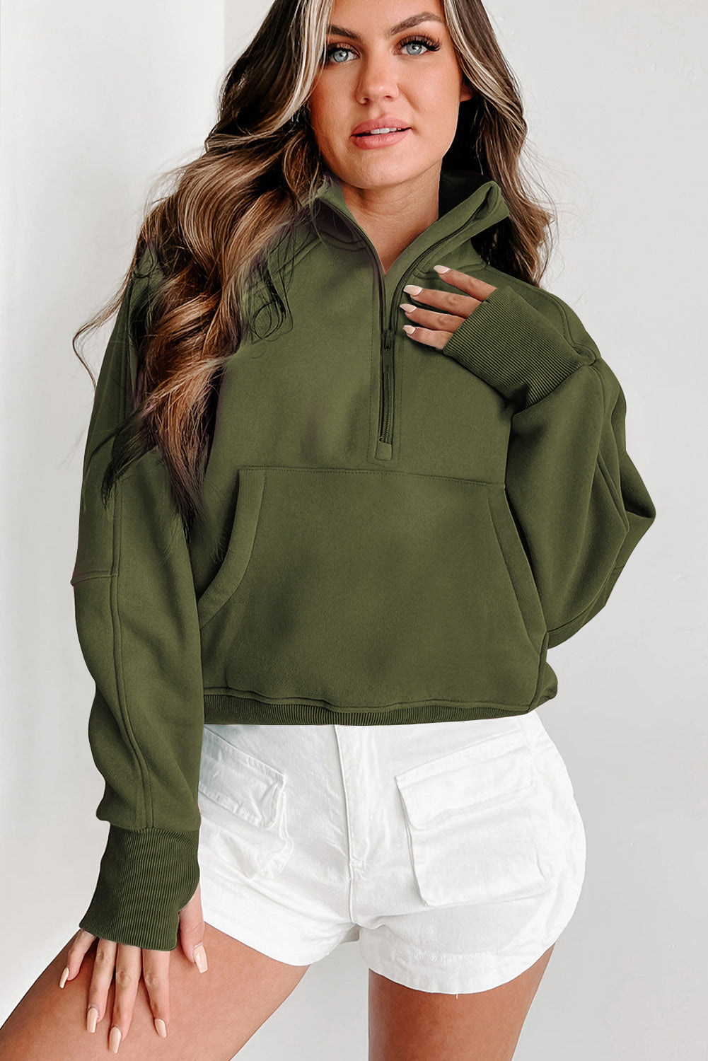 Bonbon Fleece Lined Zip Up Stand Collar Thumbhole Sleeve Sweatshirt