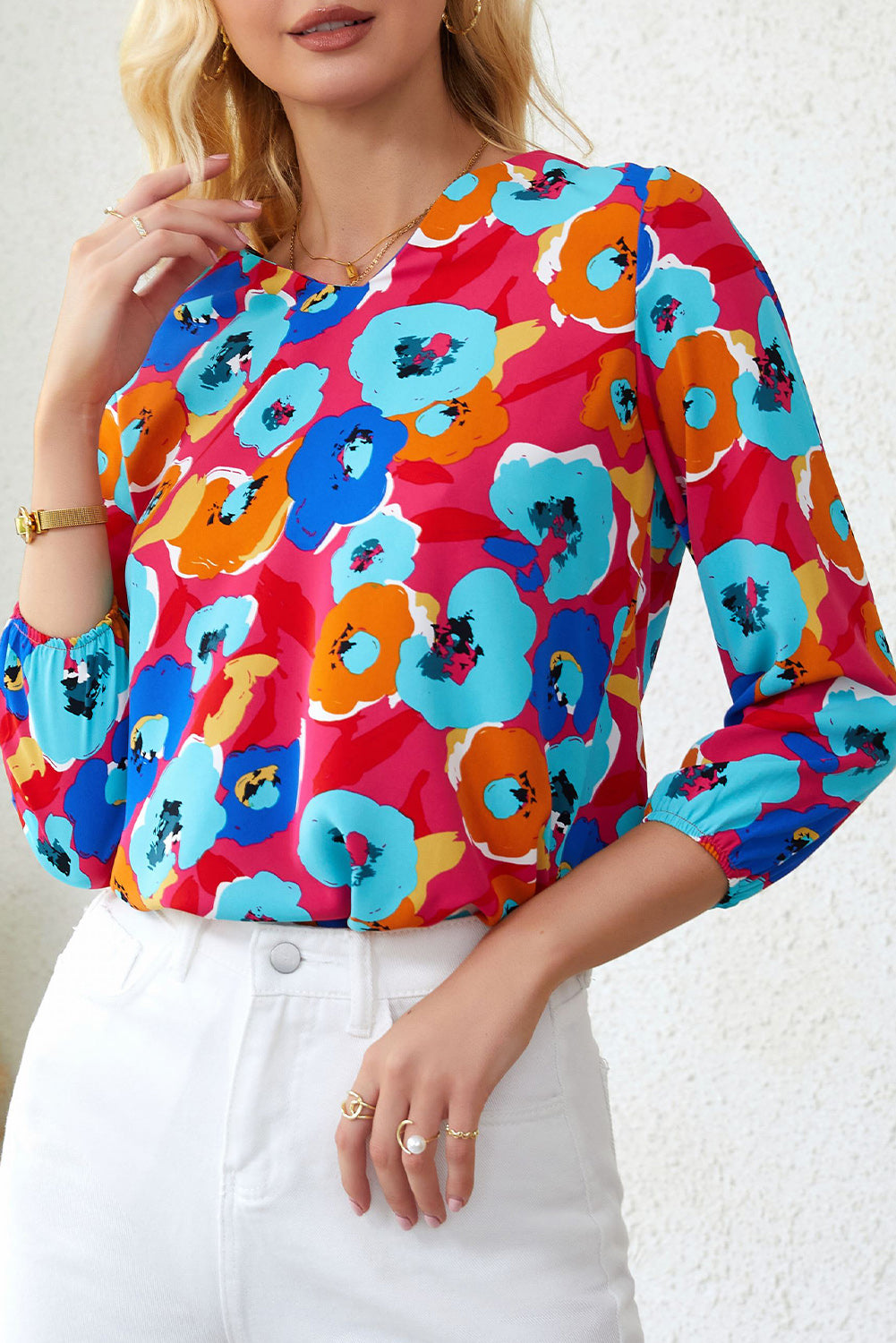 Multicolor Floral Print V Neck 3/4 Sleeve Blouse