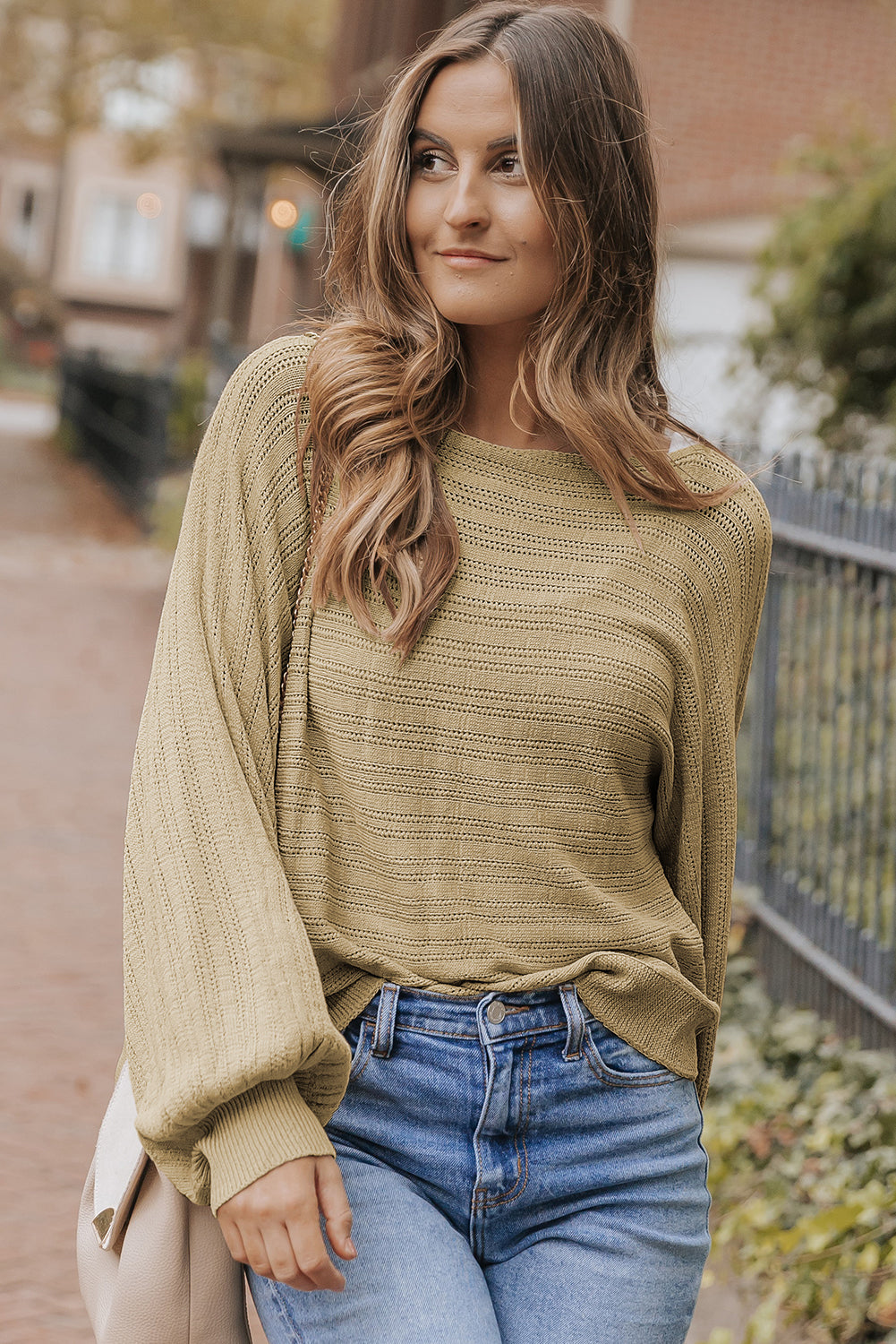 Jungle Green Lantern Sleeve Eyelets Textured Knit Sweater