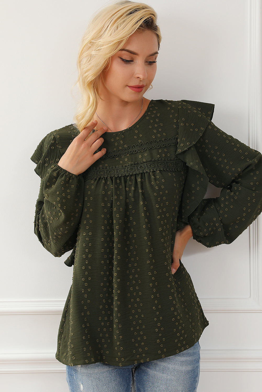 Black Lace Eyelet Ruffle Shoulder Long Sleeve Blouse