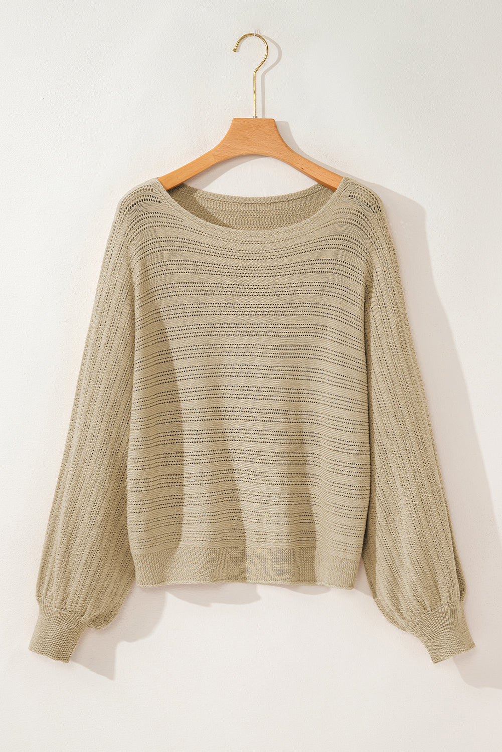 Jungle Green Lantern Sleeve Eyelets Textured Knit Sweater