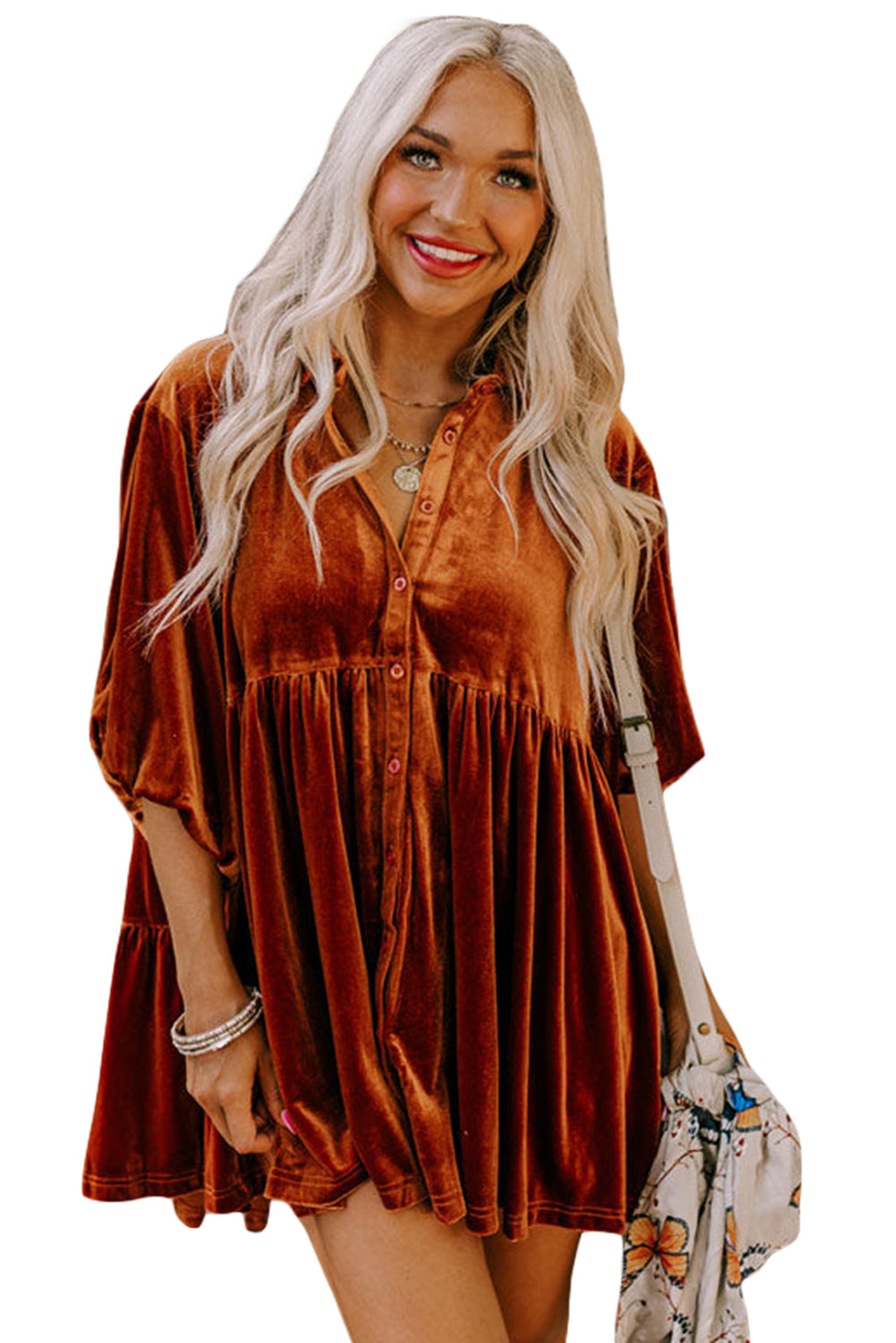 Dark Grey 3/4 Sleeve Tunic Babydoll Velvet Shirt