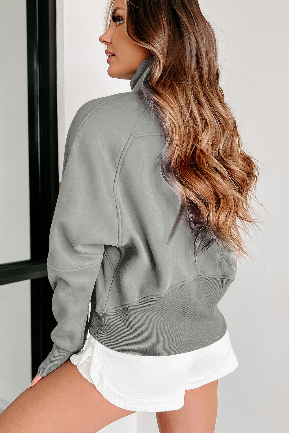 Bonbon Fleece Lined Zip Up Stand Collar Thumbhole Sleeve Sweatshirt