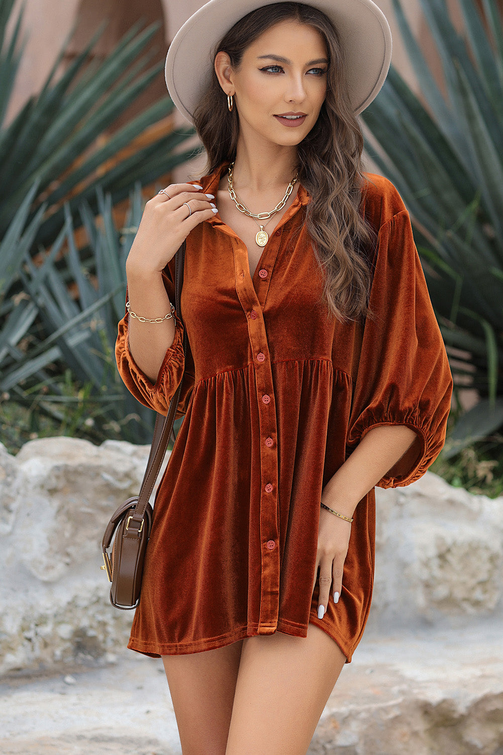 Dark Grey 3/4 Sleeve Tunic Babydoll Velvet Shirt