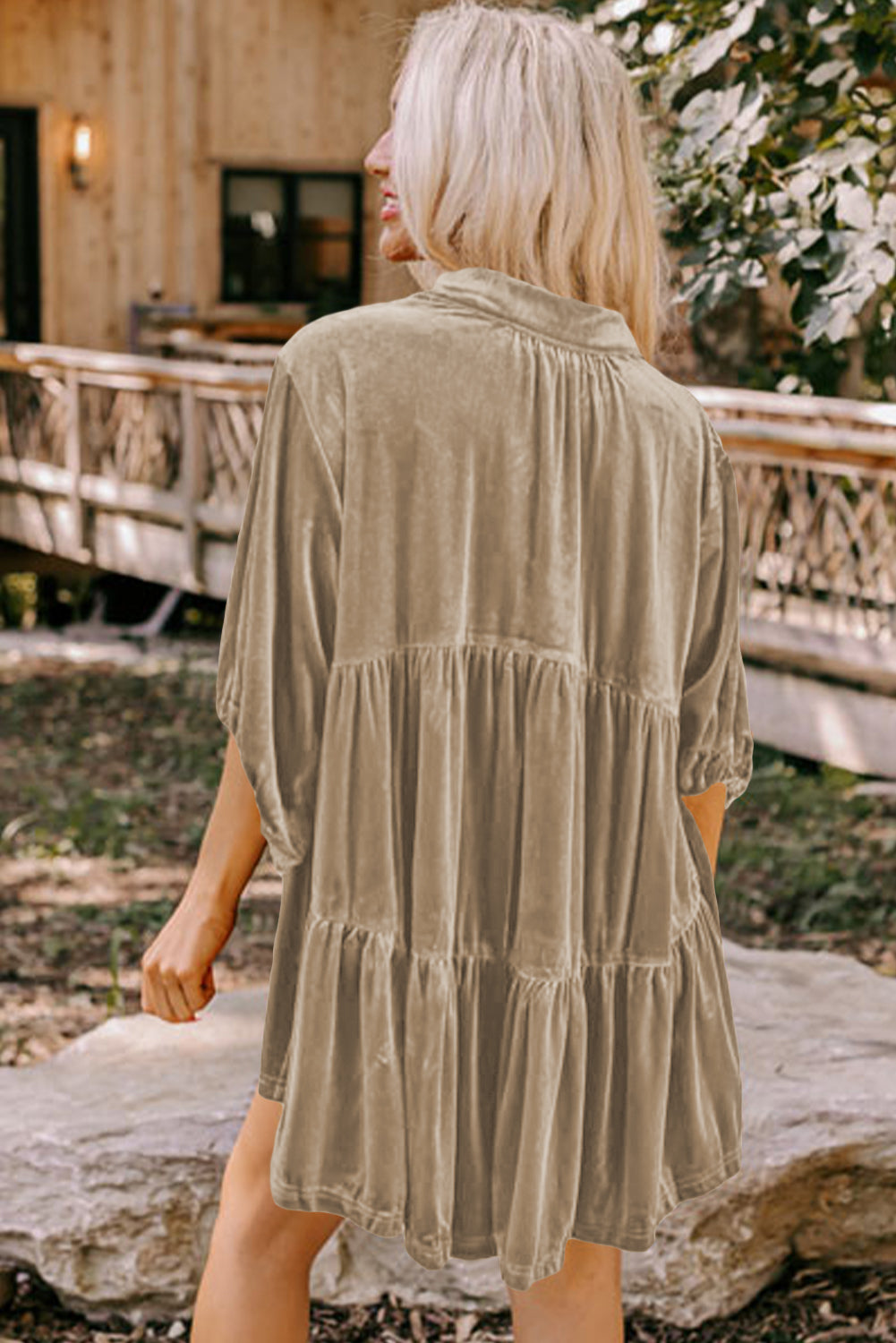 Dark Grey 3/4 Sleeve Tunic Babydoll Velvet Shirt