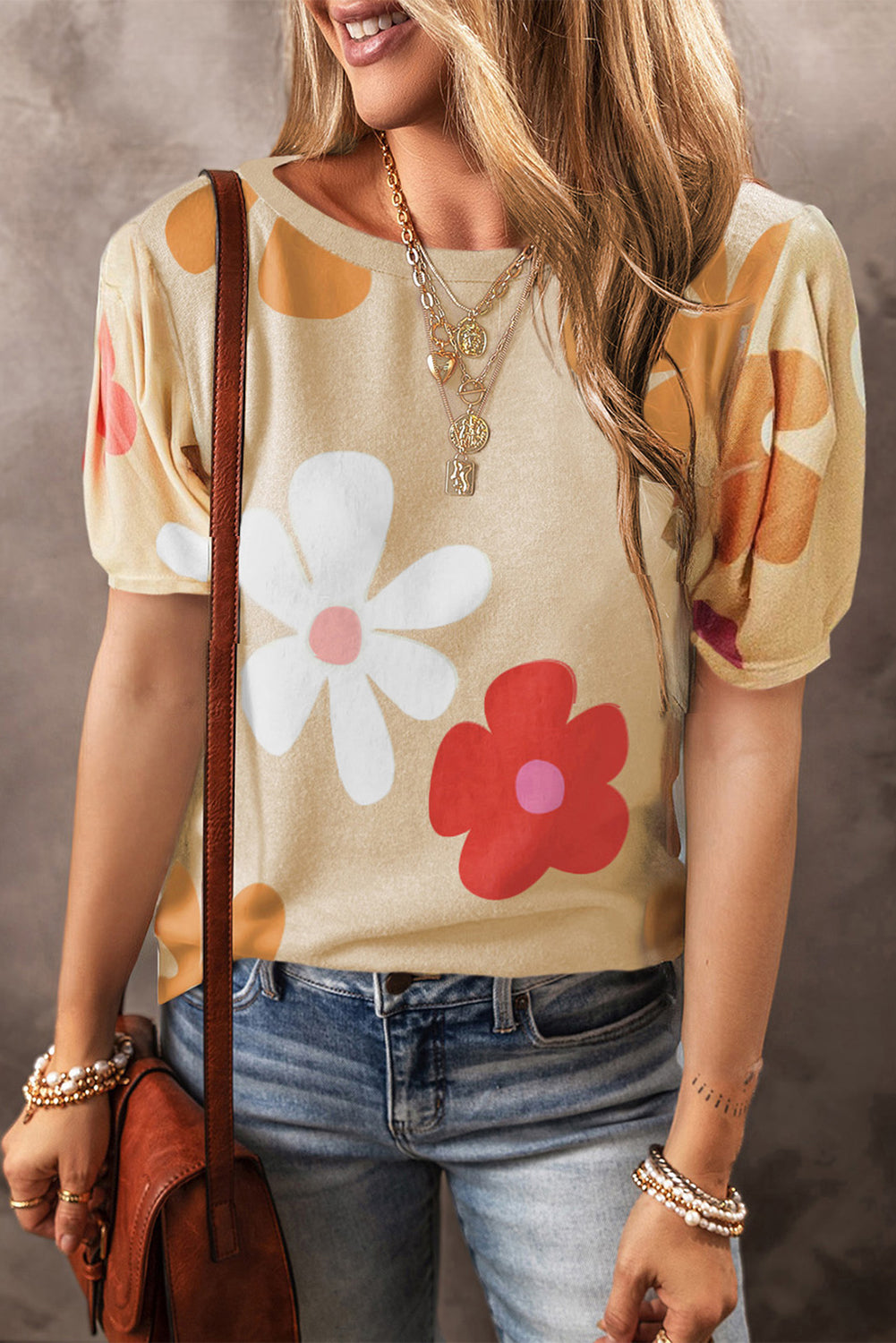 Pink Flower Print Bubble Sleeve Tee