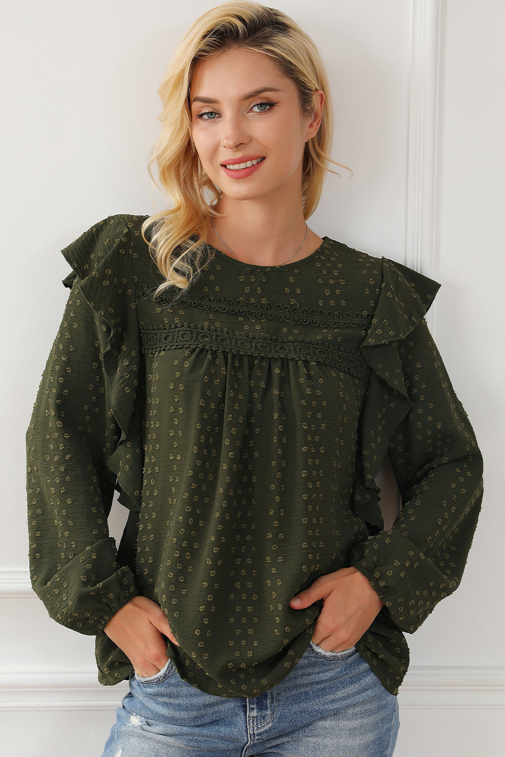 Black Lace Eyelet Ruffle Shoulder Long Sleeve Blouse