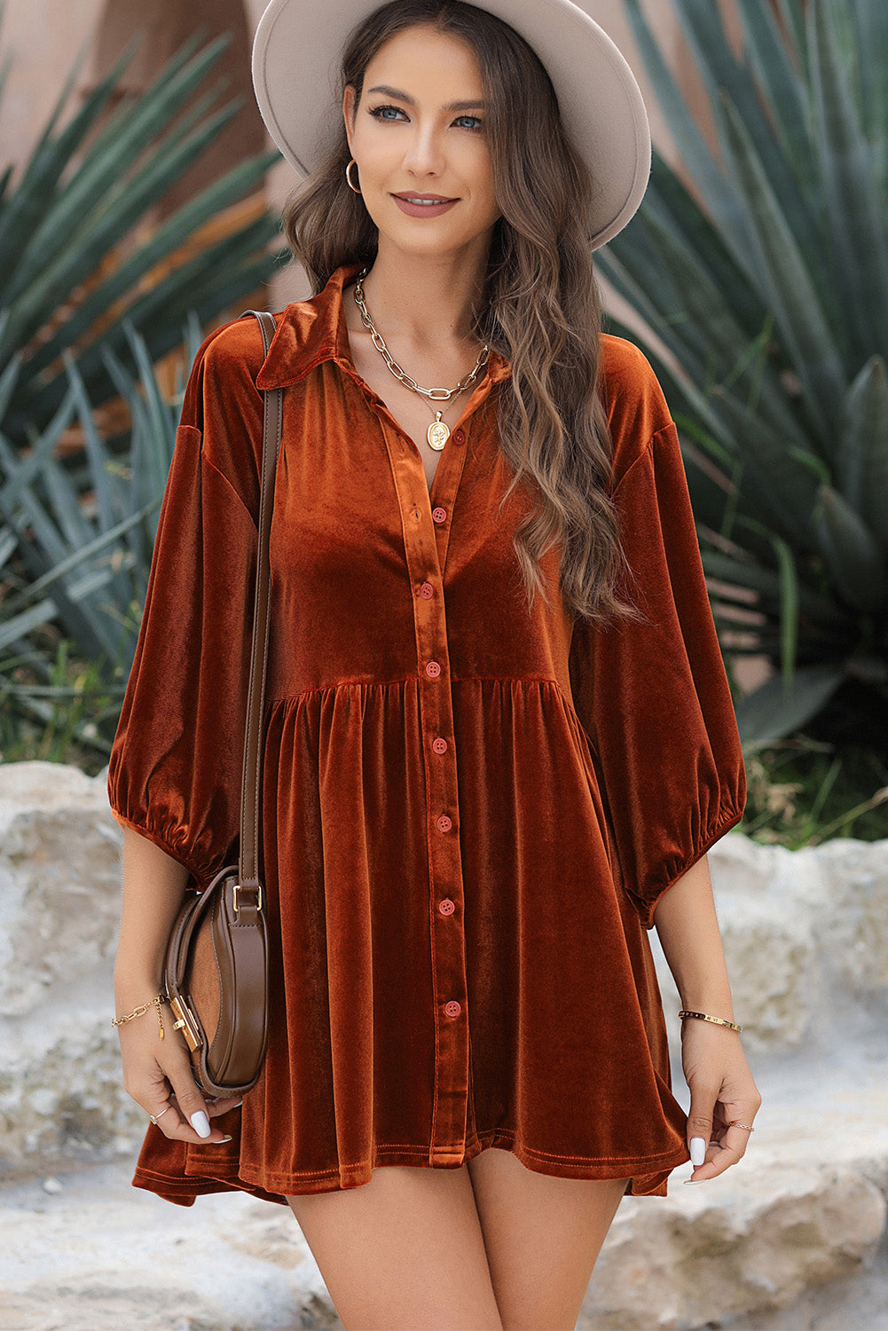 Dark Grey 3/4 Sleeve Tunic Babydoll Velvet Shirt