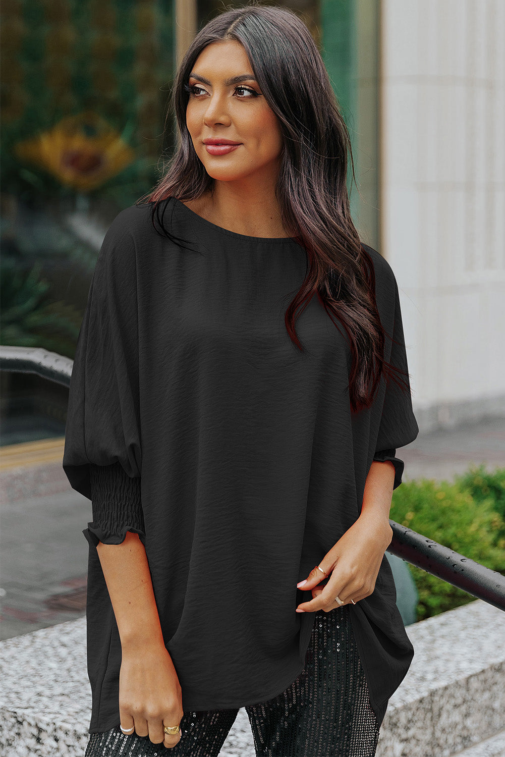 Apricot Smocked Wrist Shift Top