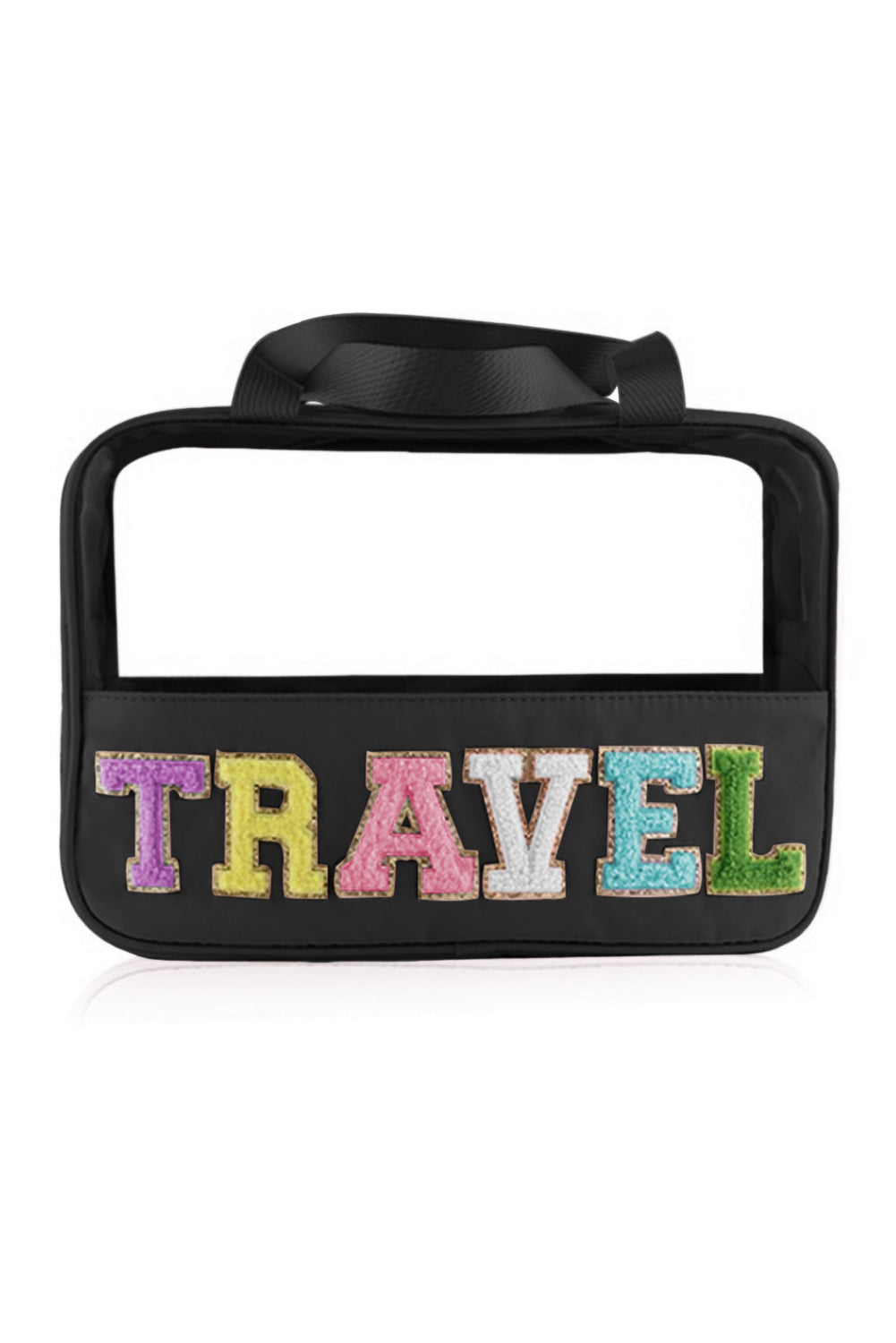 Black TRAVEL Chenille Letter Clear PVC Makeup Bag
