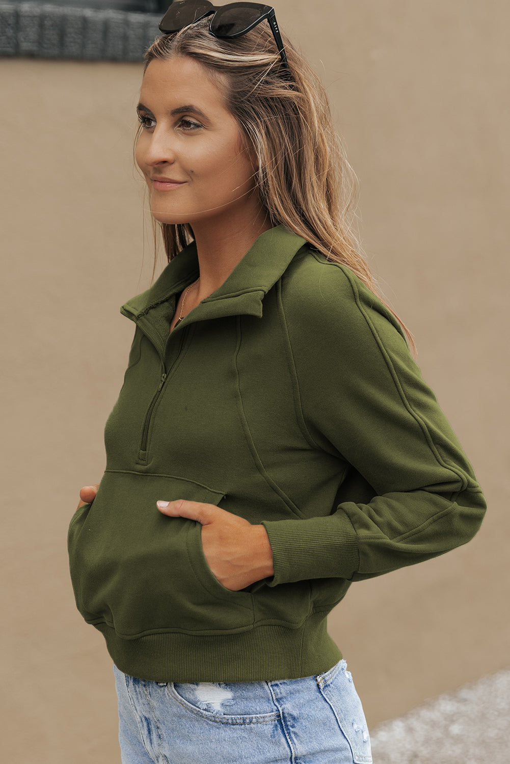 Bonbon Fleece Lined Zip Up Stand Collar Thumbhole Sleeve Sweatshirt
