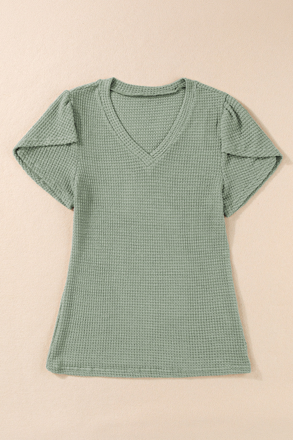 White V Neck Petal Sleeve Waffle Knit T-Shirt