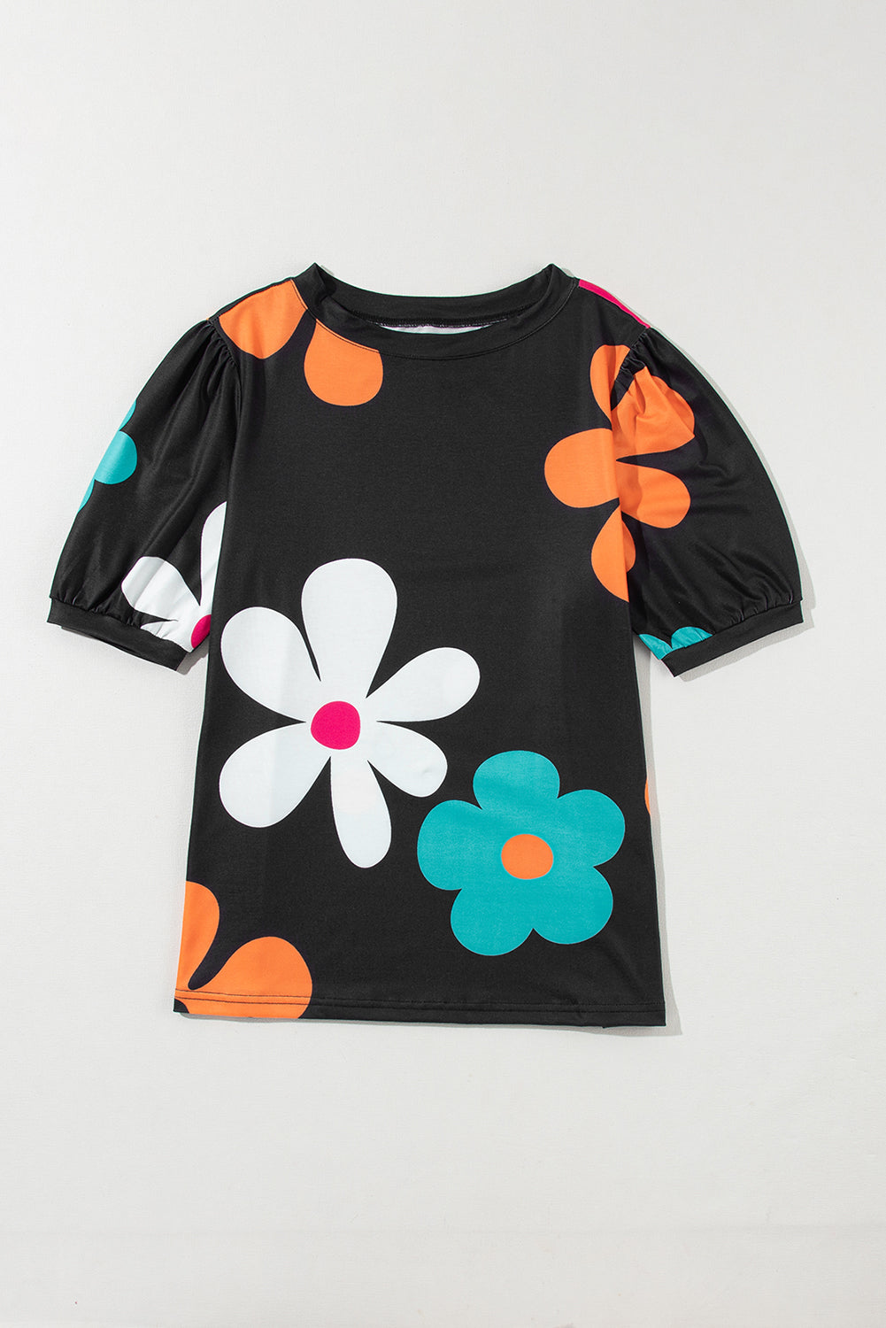 Pink Flower Print Bubble Sleeve Tee