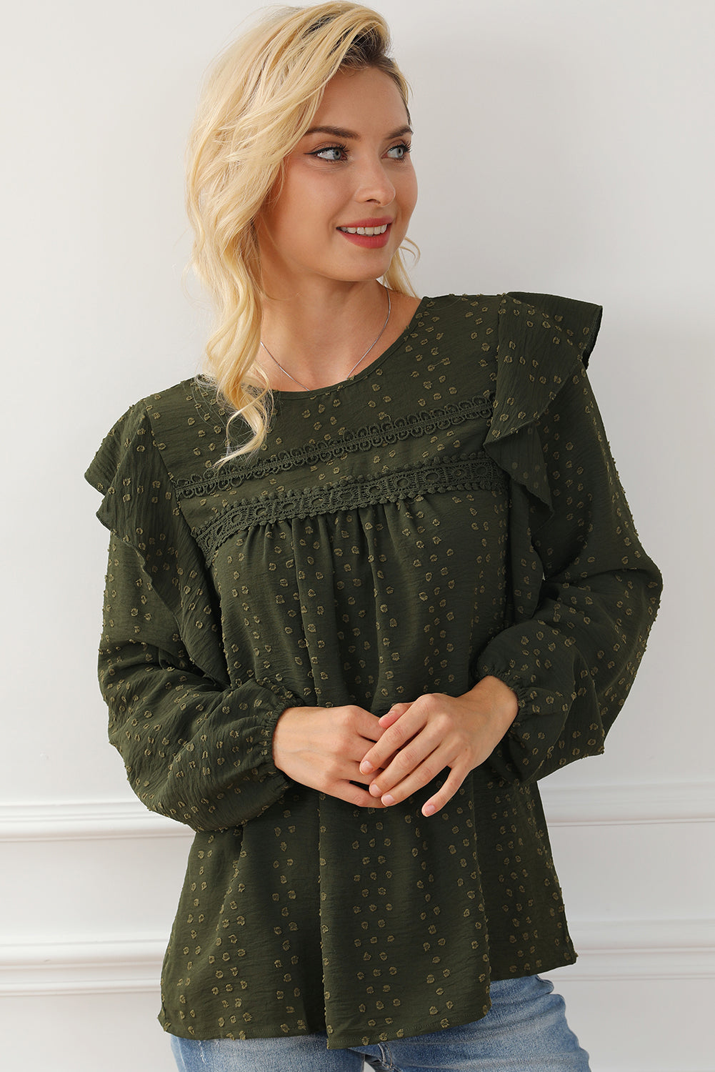 Black Lace Eyelet Ruffle Shoulder Long Sleeve Blouse