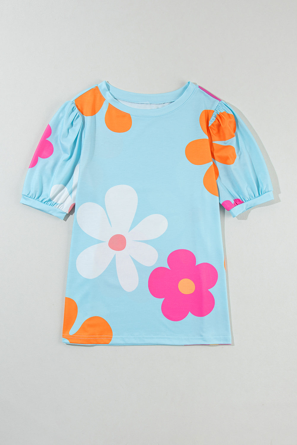 Pink Flower Print Bubble Sleeve Tee