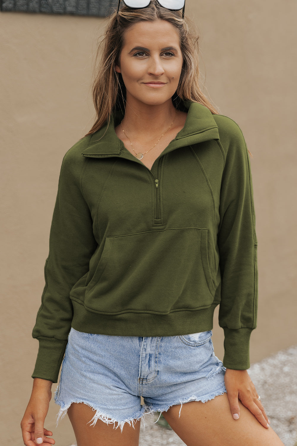 Bonbon Fleece Lined Zip Up Stand Collar Thumbhole Sleeve Sweatshirt