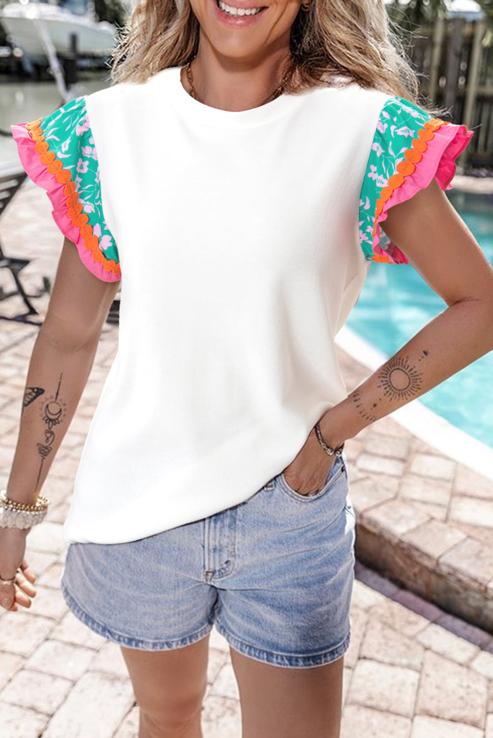 Peach Blossom Contrast Ricrac Floral Sleeve Top