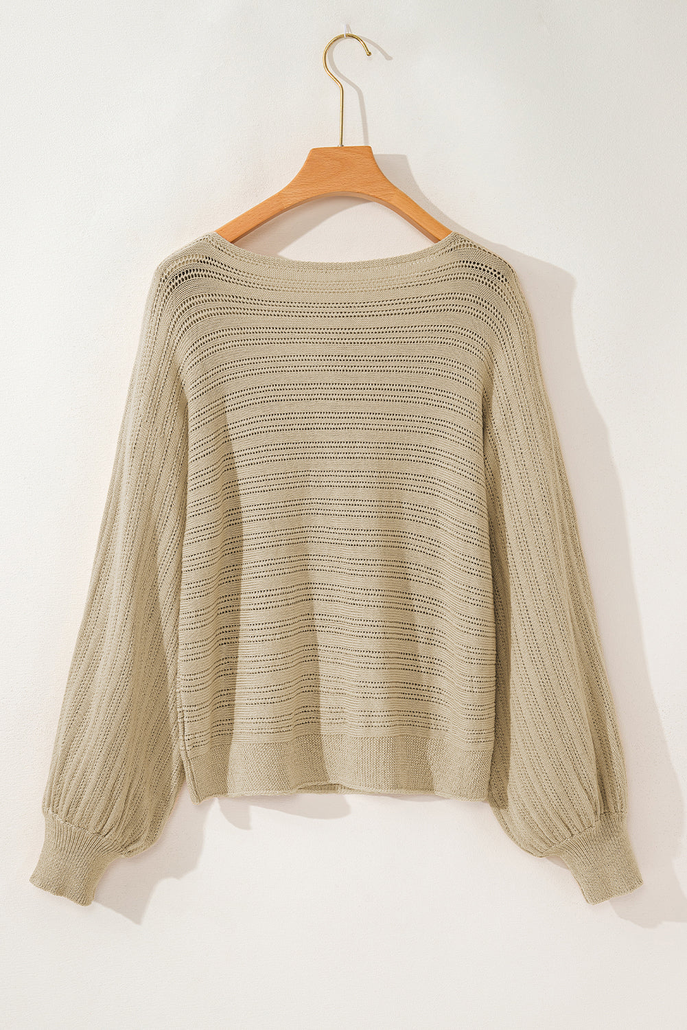 Jungle Green Lantern Sleeve Eyelets Textured Knit Sweater