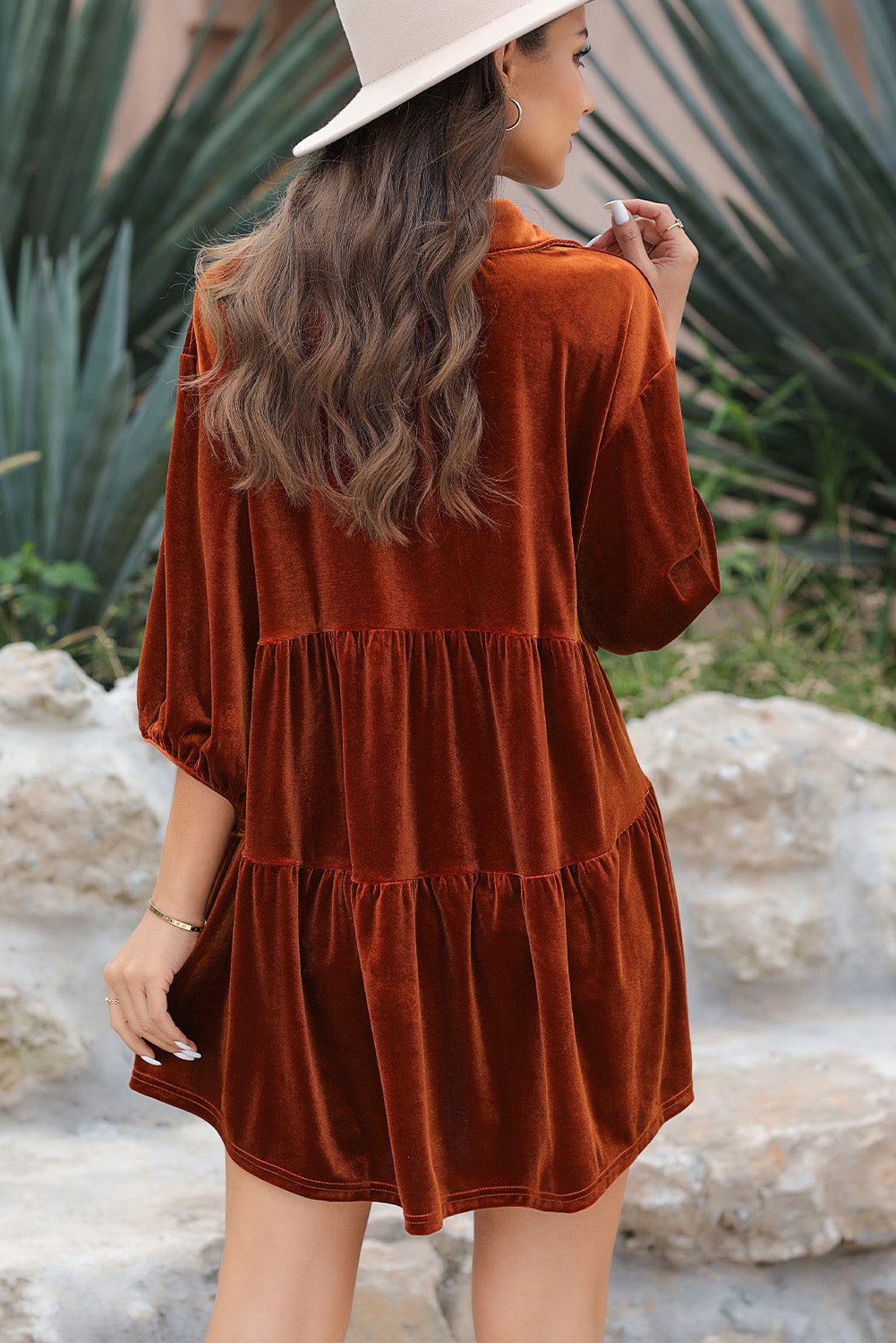 Dark Grey 3/4 Sleeve Tunic Babydoll Velvet Shirt