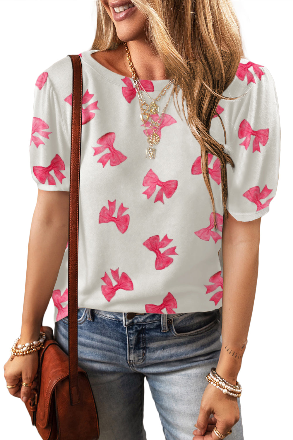 Pink Flower Print Bubble Sleeve Tee