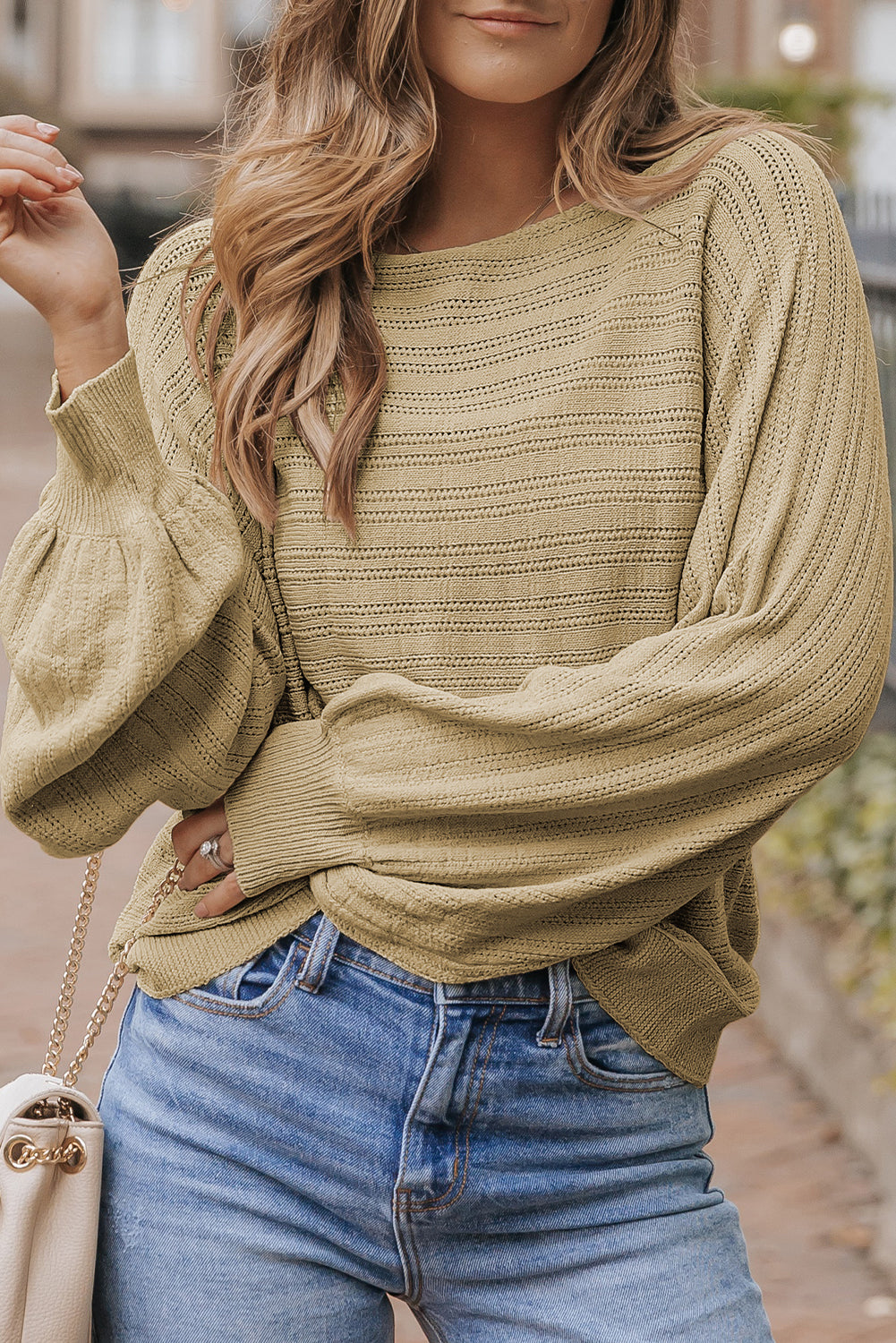 Jungle Green Lantern Sleeve Eyelets Textured Knit Sweater