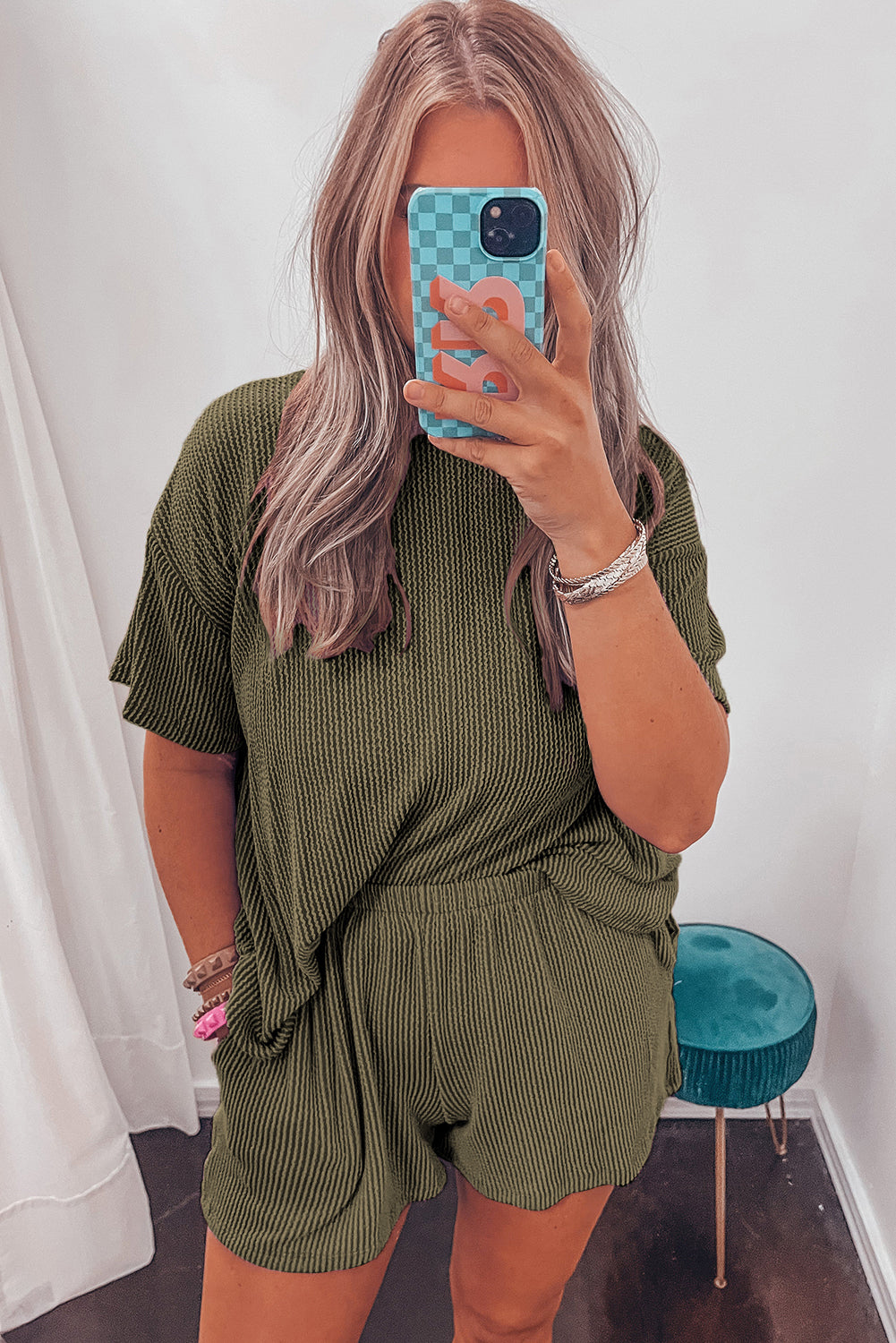Orange Ribbed Textured Knit Loose Fit Tee and Shorts Set
