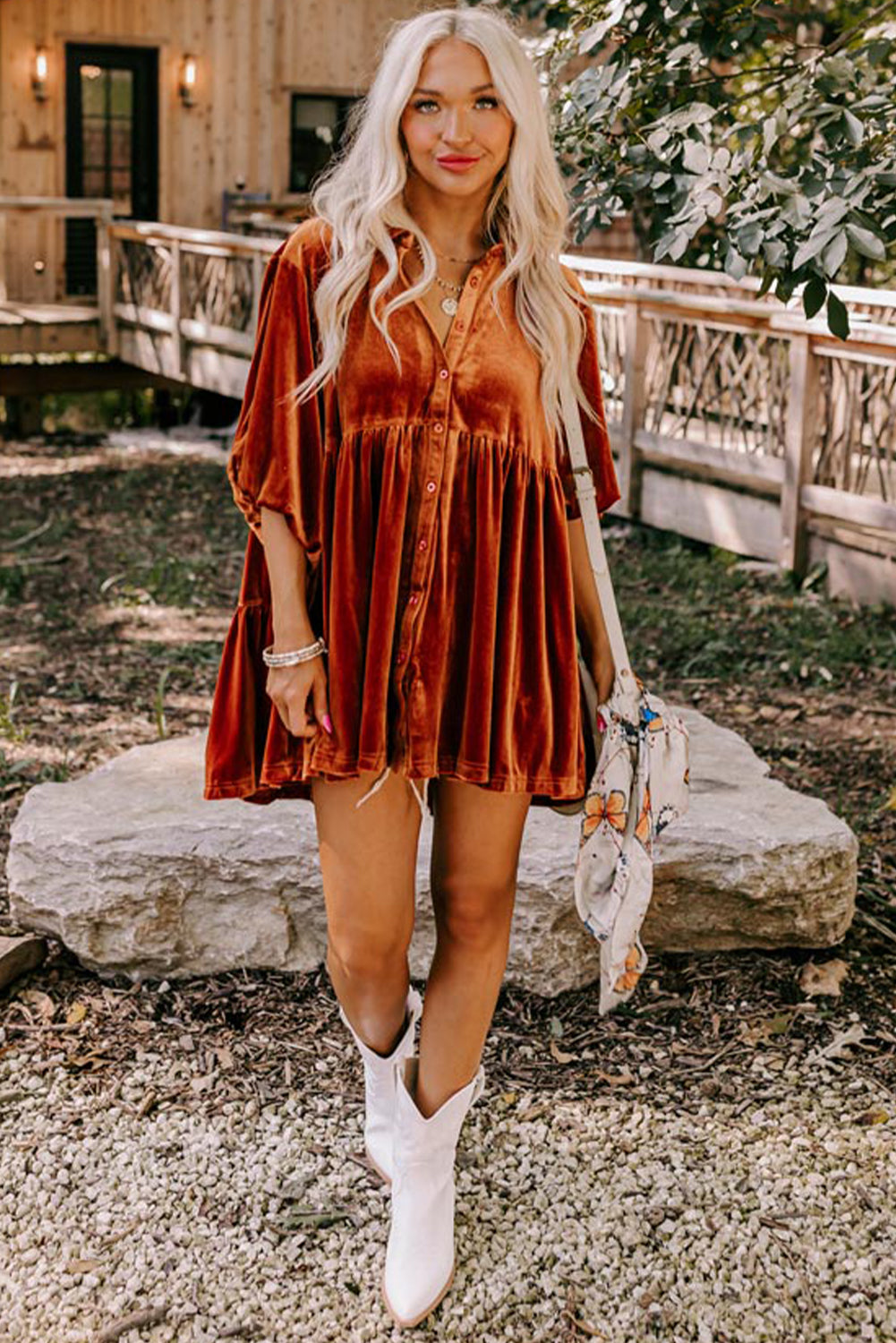 Dark Grey 3/4 Sleeve Tunic Babydoll Velvet Shirt
