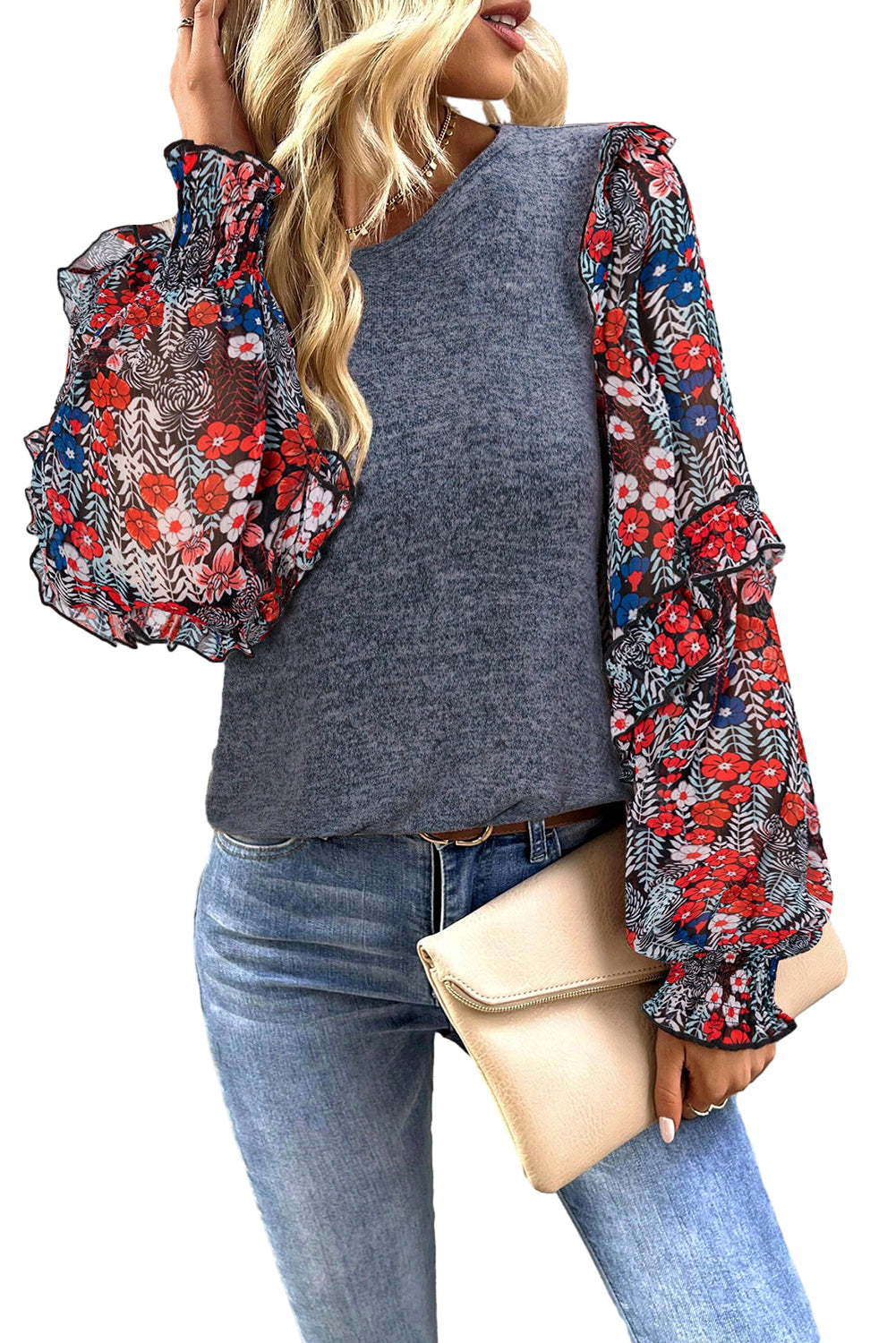 Pale Chestnut Ruffle Tiered Floral Sleeve Crew Neck Blouse