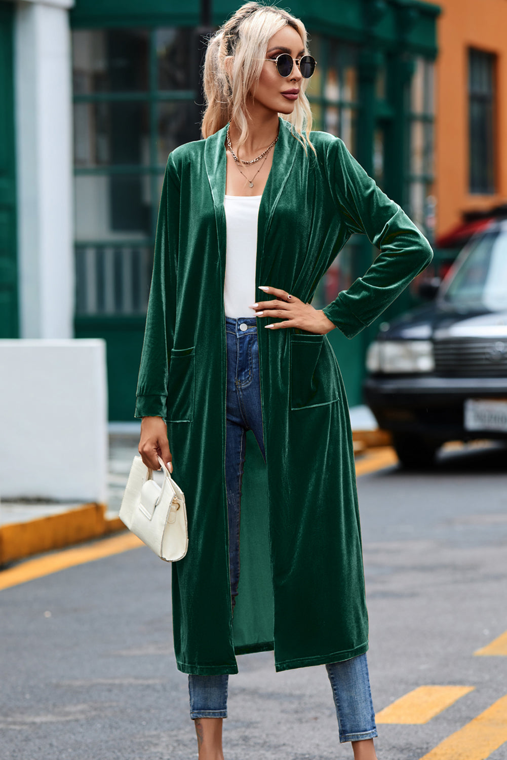 Fiery Red Velvet Open Front Pocketed Long Duster