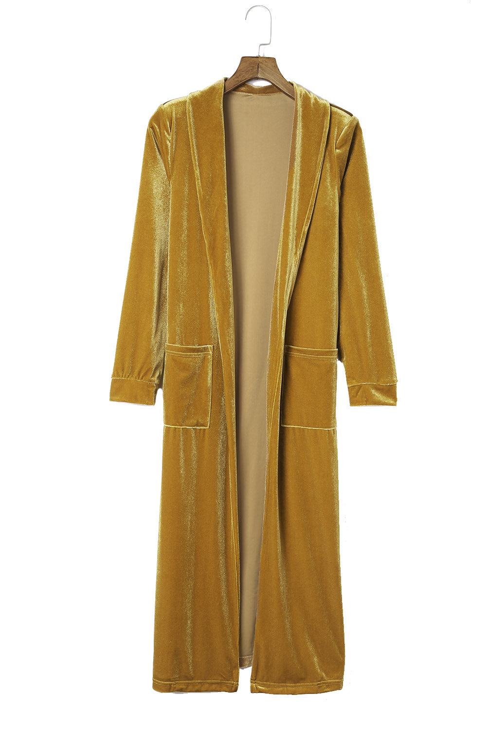 Fiery Red Velvet Open Front Pocketed Long Duster