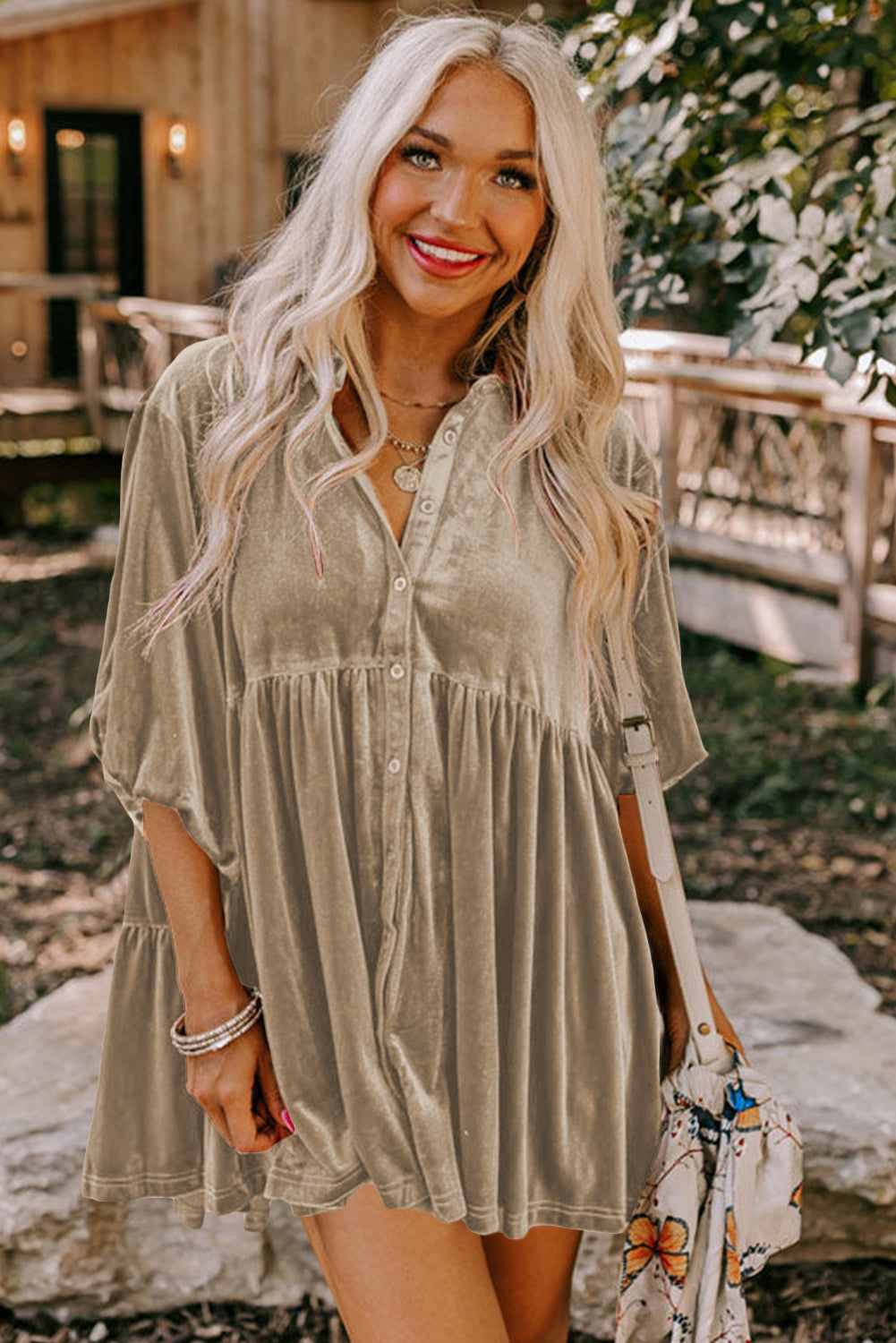 Dark Grey 3/4 Sleeve Tunic Babydoll Velvet Shirt