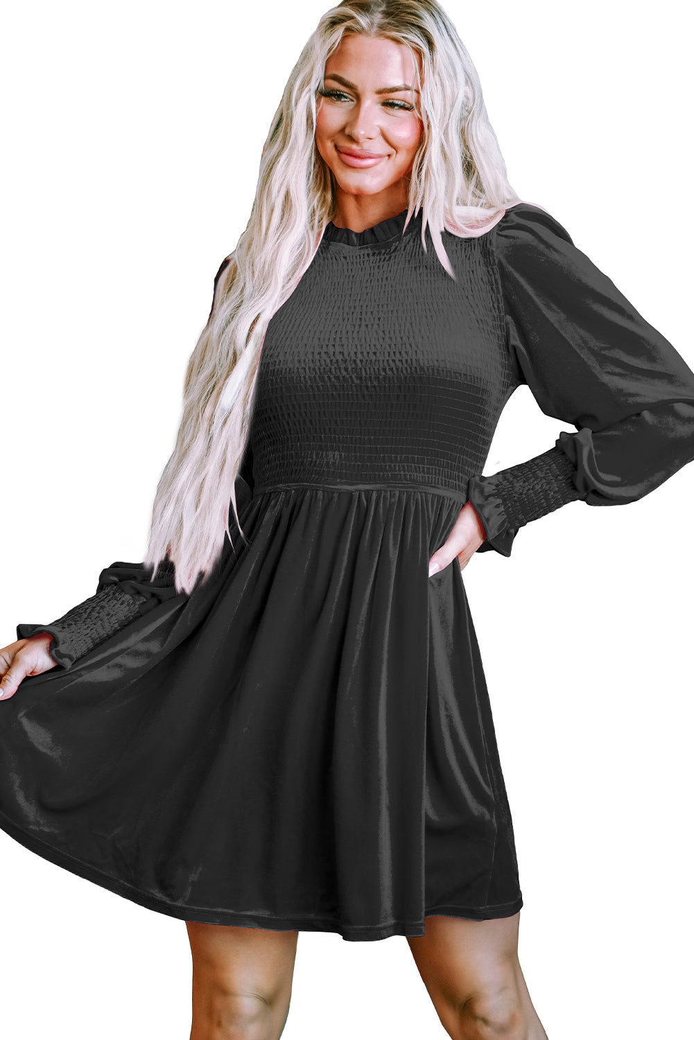 Moss Green Frilled Neck Smocked Bodice Velvet Dress