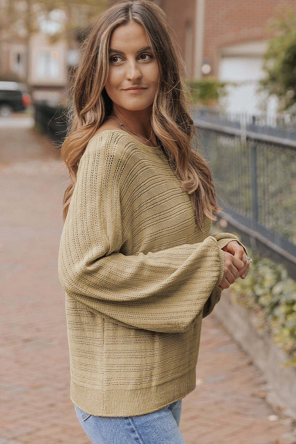 Jungle Green Lantern Sleeve Eyelets Textured Knit Sweater