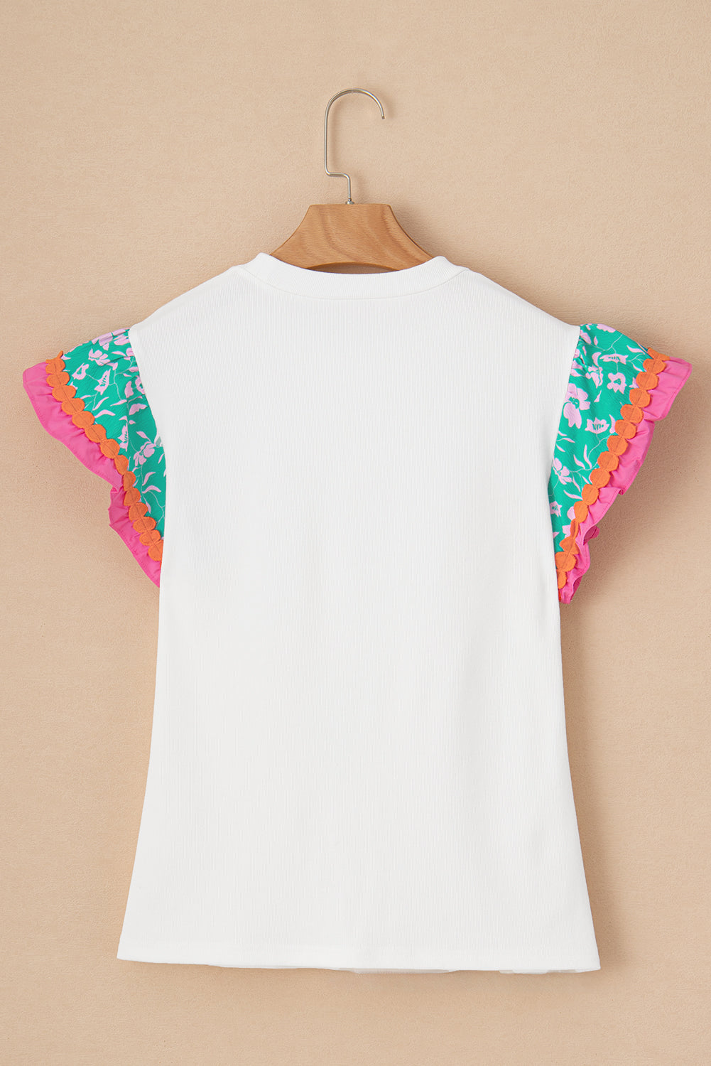 Peach Blossom Contrast Ricrac Floral Sleeve Top