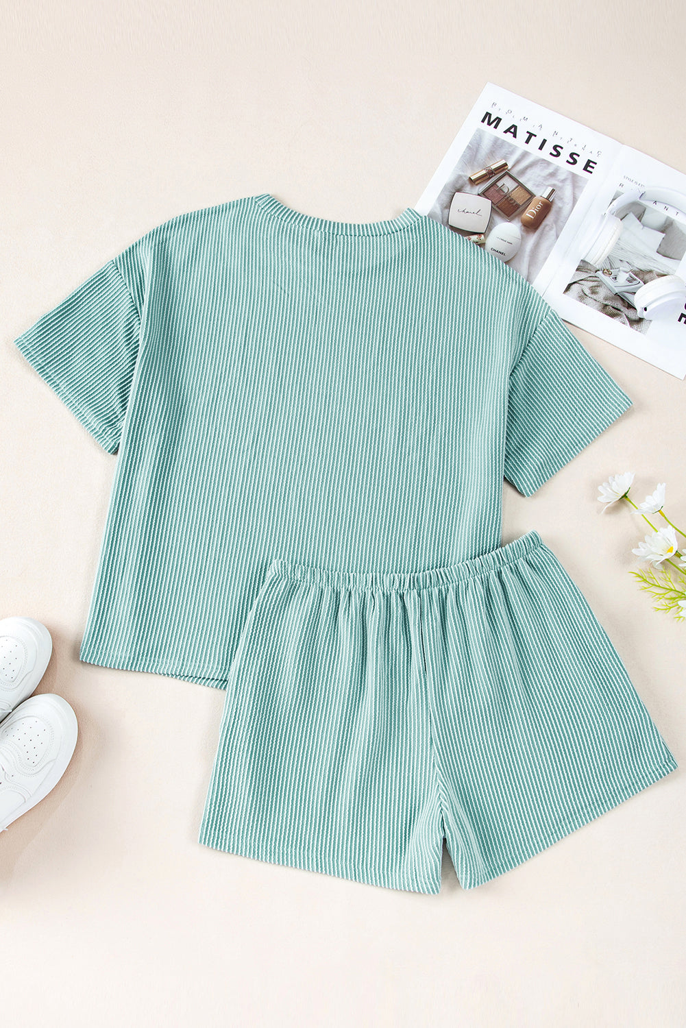 Orange Ribbed Textured Knit Loose Fit Tee and Shorts Set