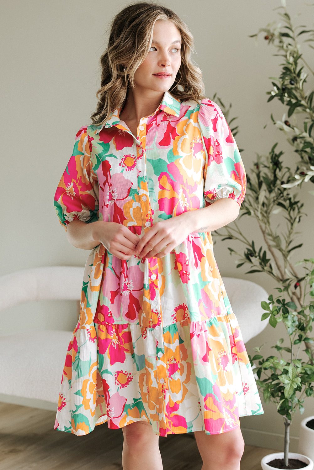 Green Floral Puff Sleeve Collar Buttoned Babydoll Dress