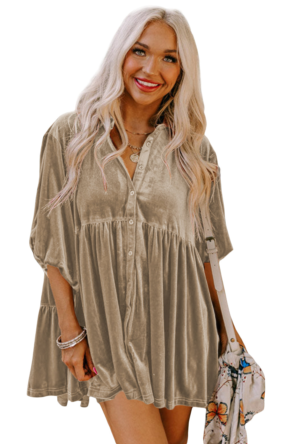 Dark Grey 3/4 Sleeve Tunic Babydoll Velvet Shirt