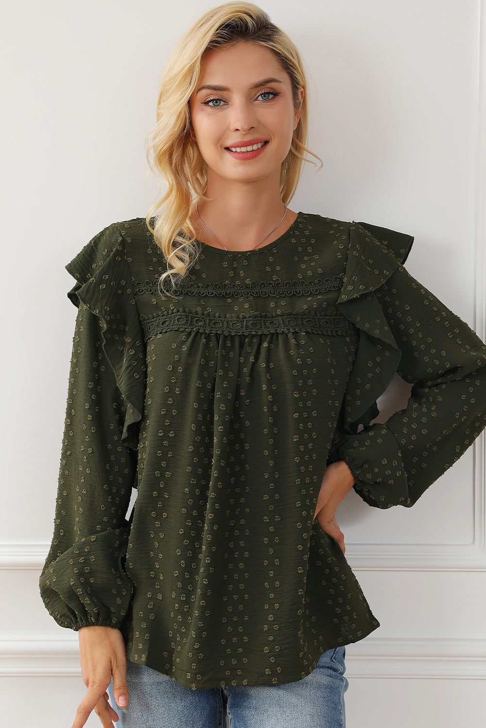 Black Lace Eyelet Ruffle Shoulder Long Sleeve Blouse