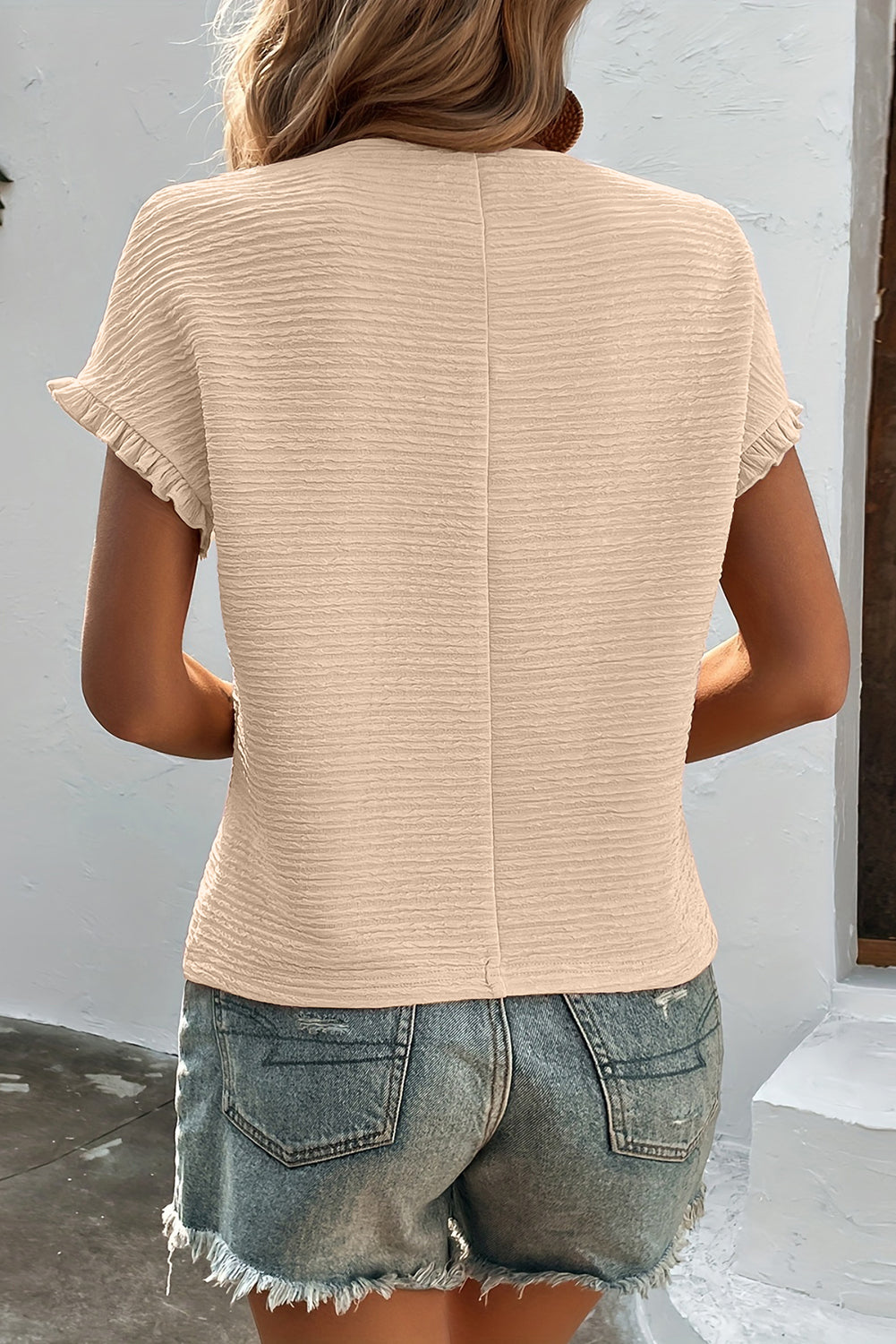 Light Pink Solid Textured Ruffled Short Sleeve Blouse