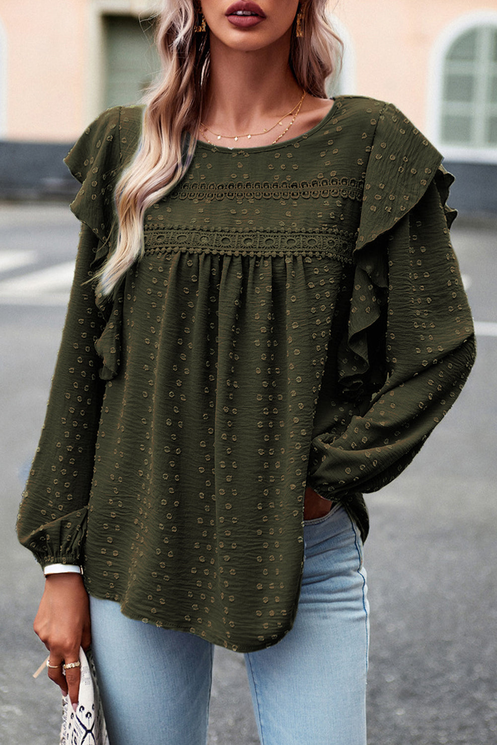 Black Lace Eyelet Ruffle Shoulder Long Sleeve Blouse