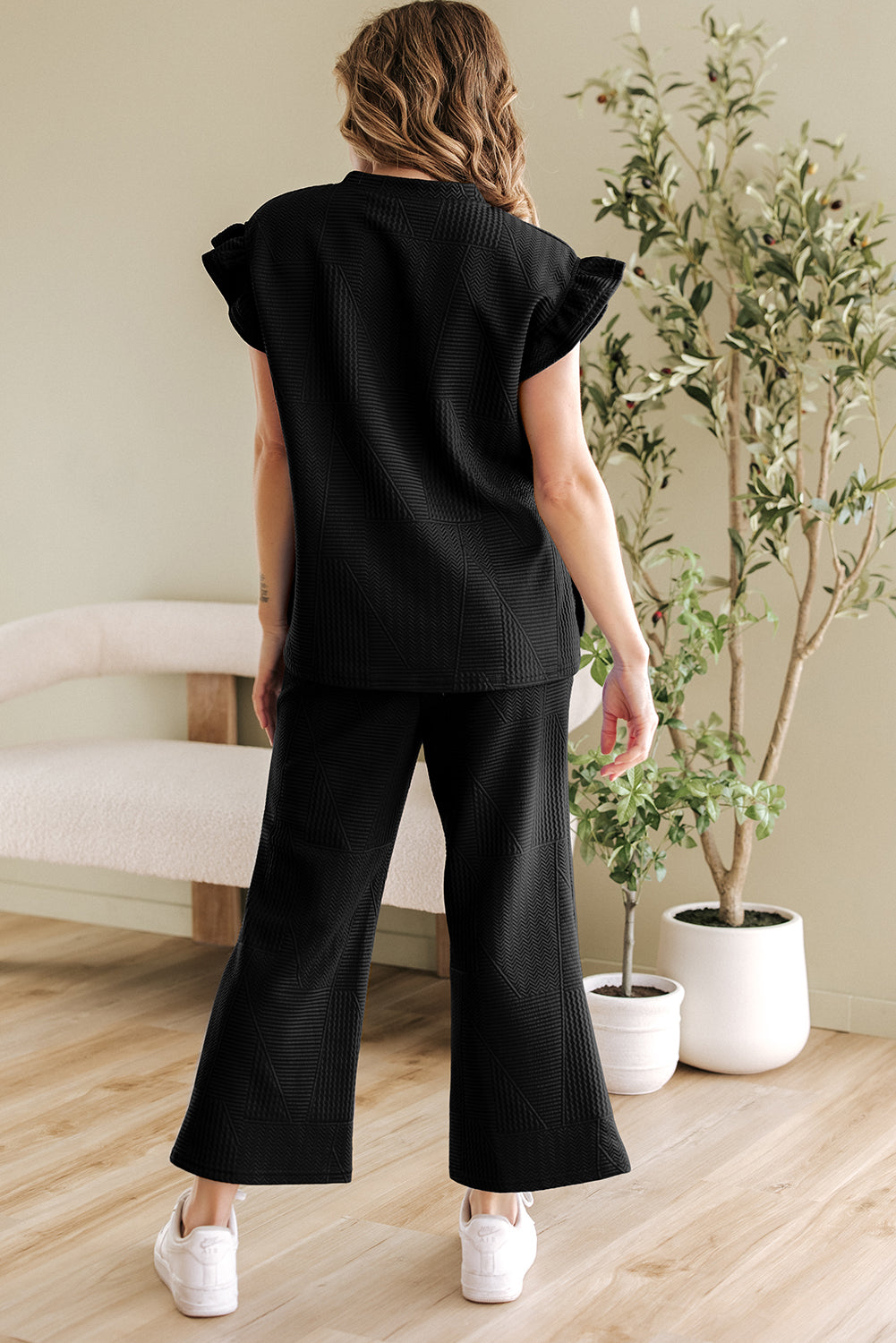 Dark Green Ruffled Sleeve Summer Top and Cropped Loose Pants Set